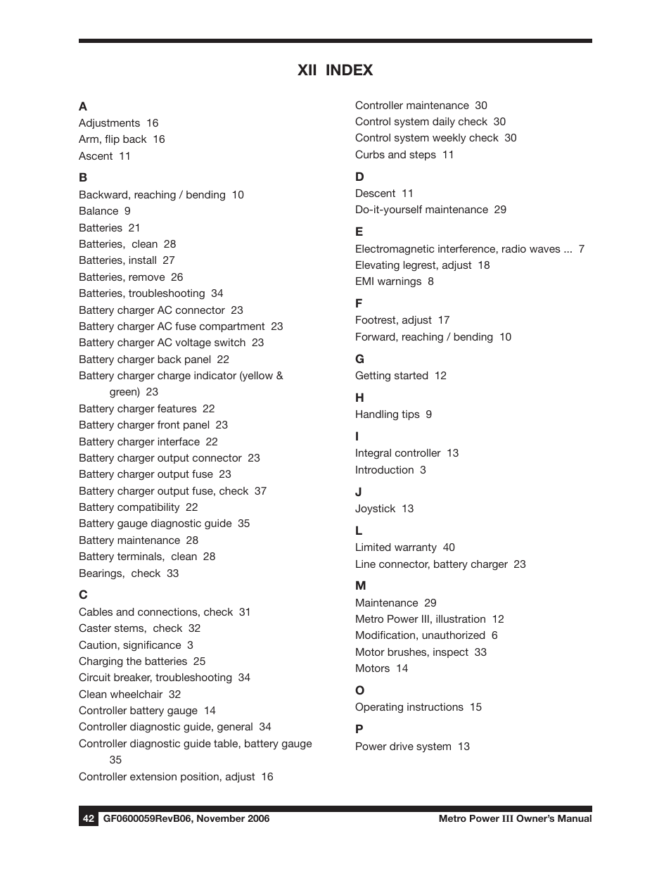 Xii index | E&J GF0600059REVB06 User Manual | Page 42 / 44