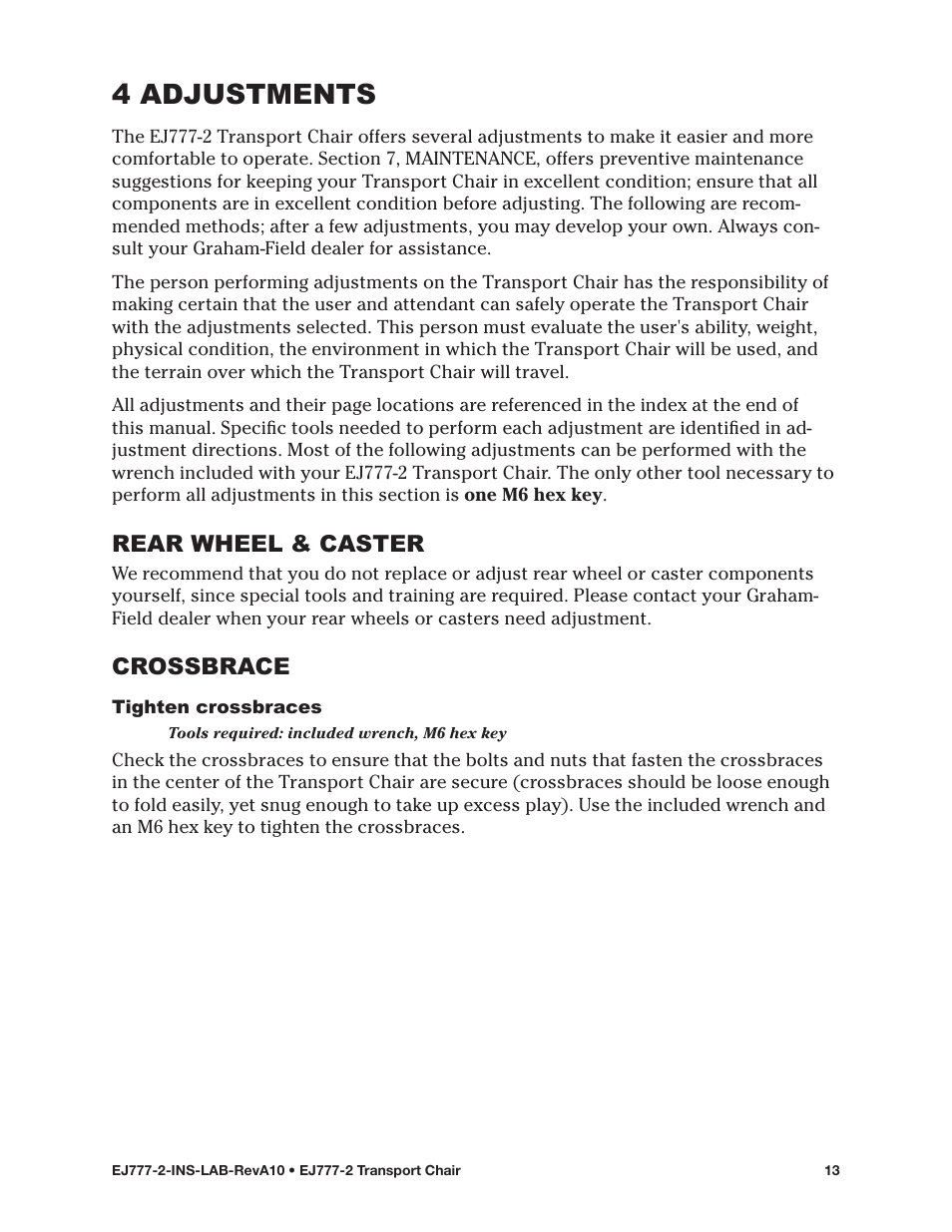 4 adjustments, Rear wheel & caster, Crossbrace | E&J EJ777-2 User Manual | Page 13 / 28