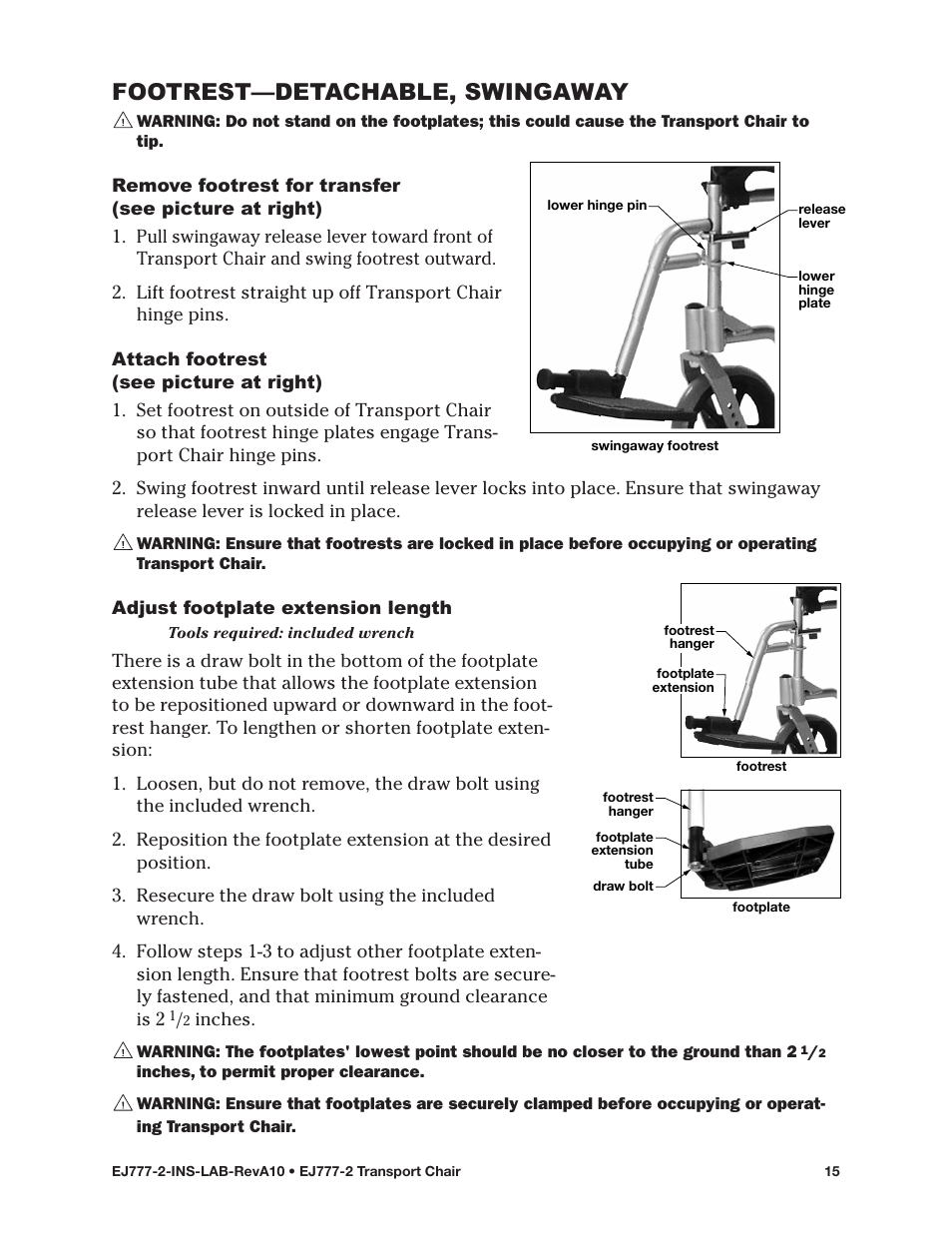 Footrest—detachable, swingaway | E&J EJ777-2 User Manual | Page 15 / 28