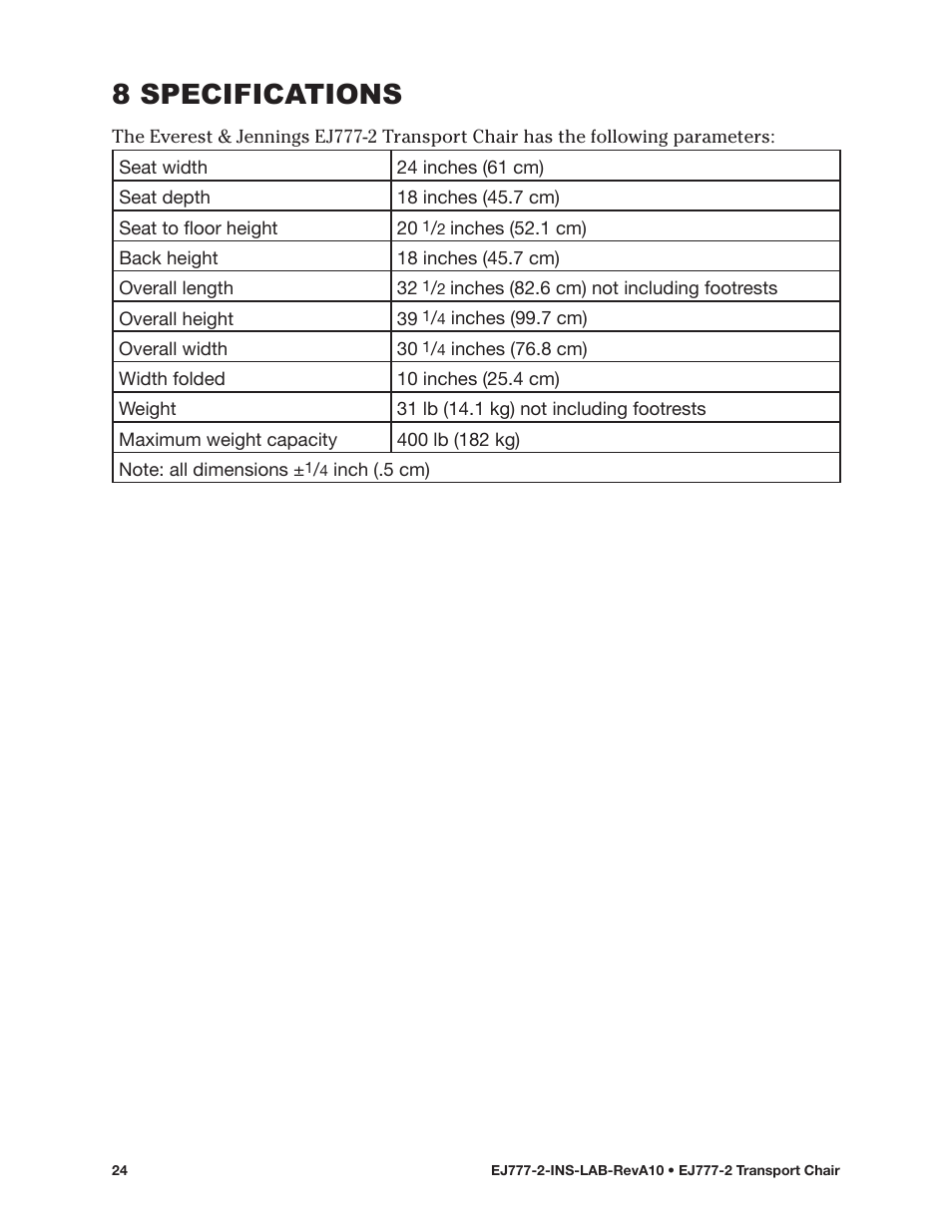 8 specifications | E&J EJ777-2 User Manual | Page 24 / 28