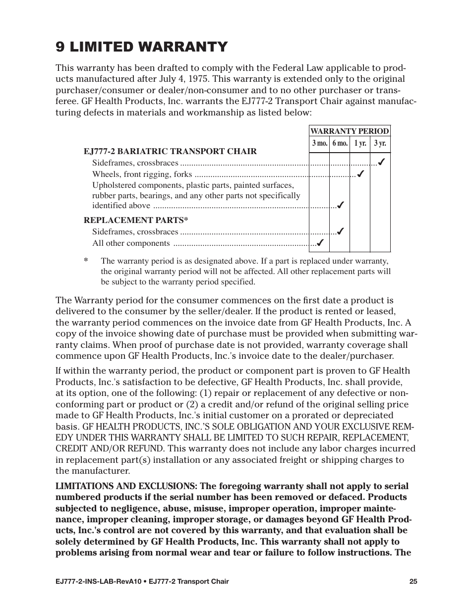 9 limited warranty | E&J EJ777-2 User Manual | Page 25 / 28