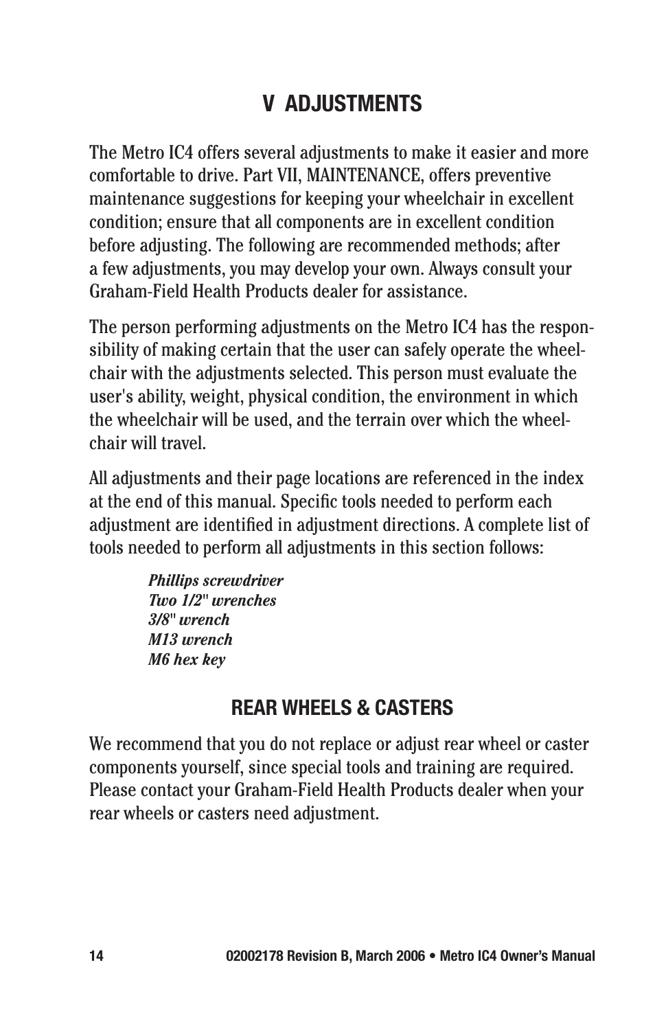 V adjustments, Rear wheels & casters | E&J METRO IC4 User Manual | Page 14 / 36