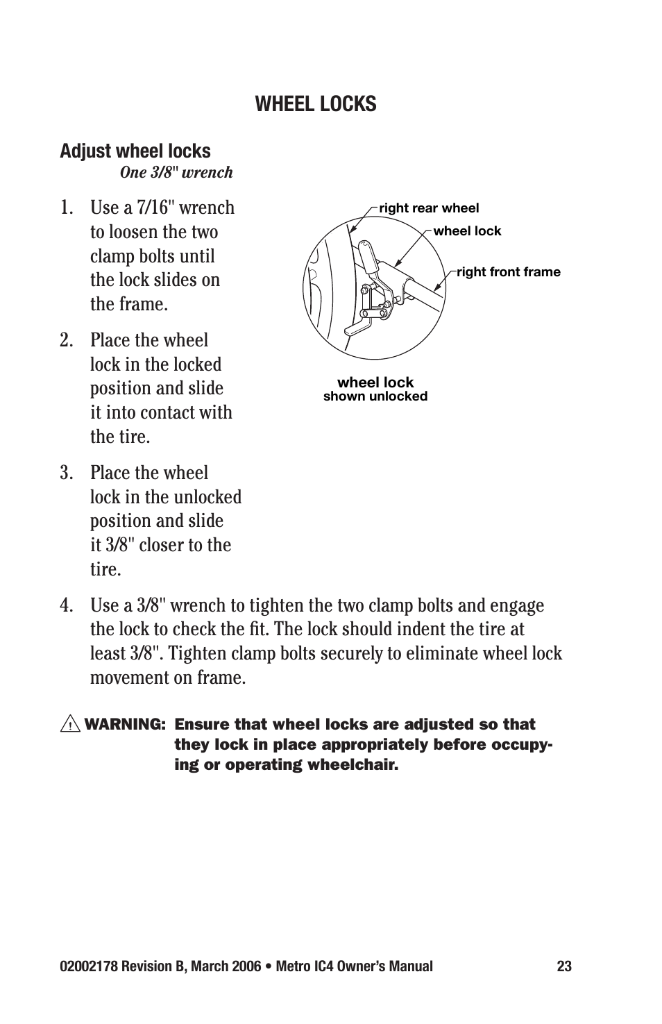 Wheel locks | E&J METRO IC4 User Manual | Page 23 / 36