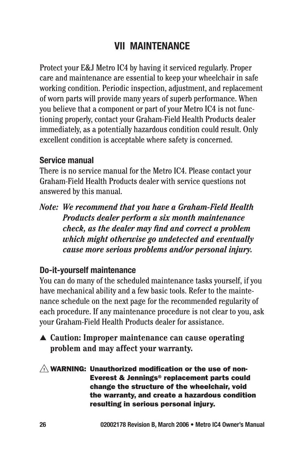 Vii maintenance | E&J METRO IC4 User Manual | Page 26 / 36