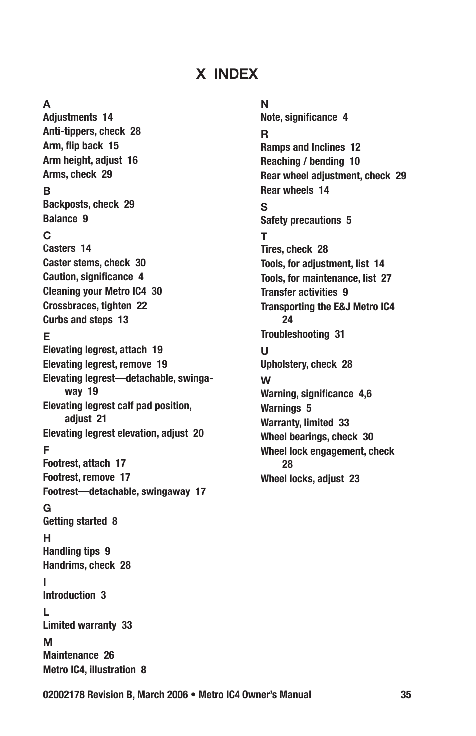 X index | E&J METRO IC4 User Manual | Page 35 / 36