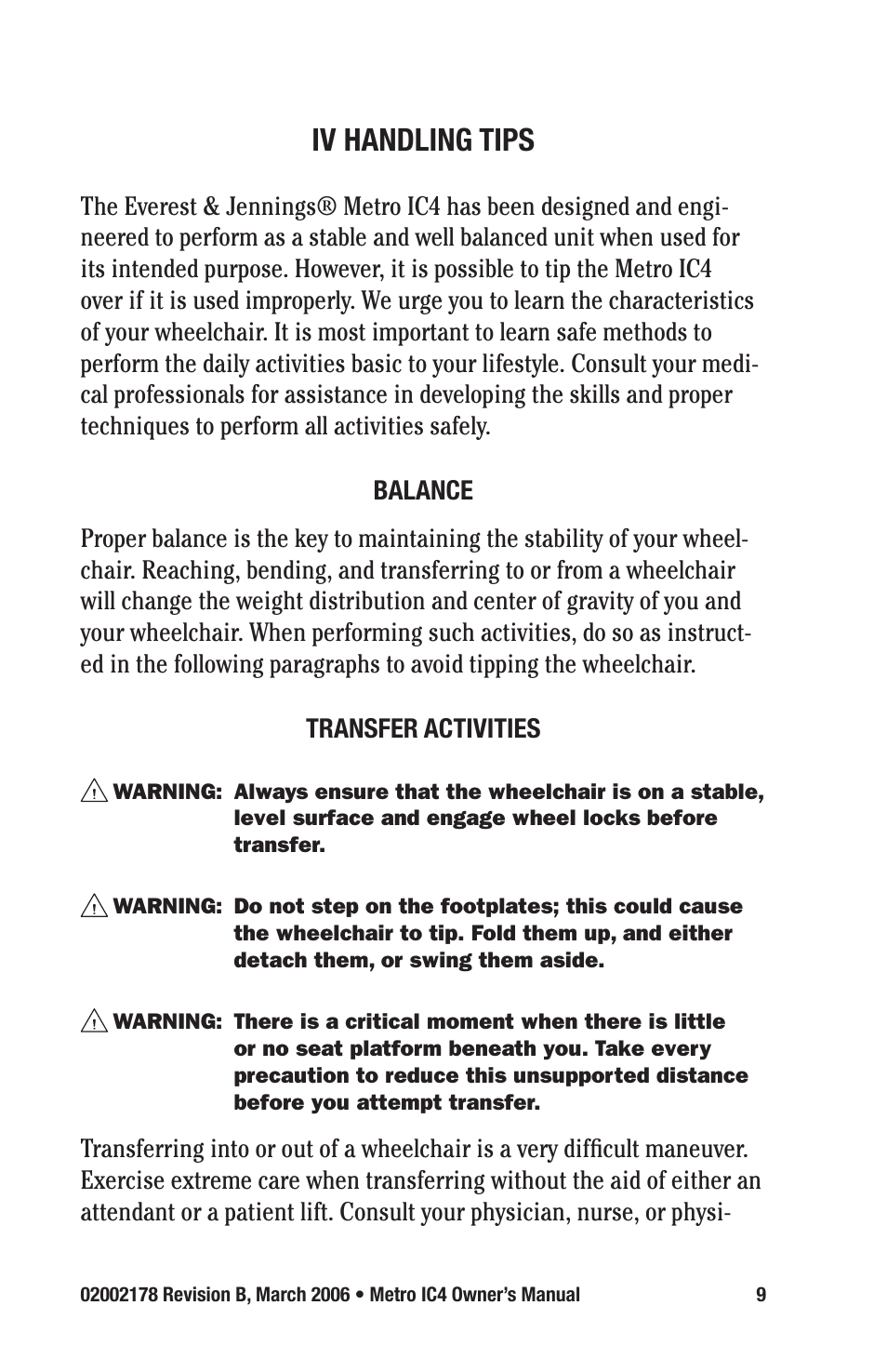 Iv handling tips | E&J METRO IC4 User Manual | Page 9 / 36