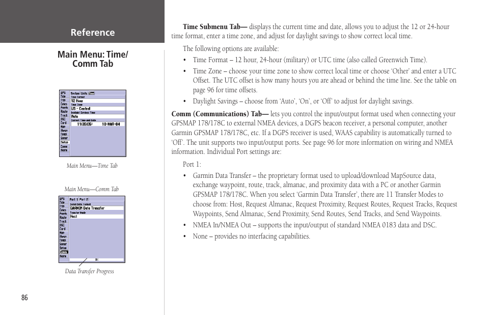 Main menu: time/comm tab, Comm tab | EURO-WARE 178 User Manual | Page 96 / 134