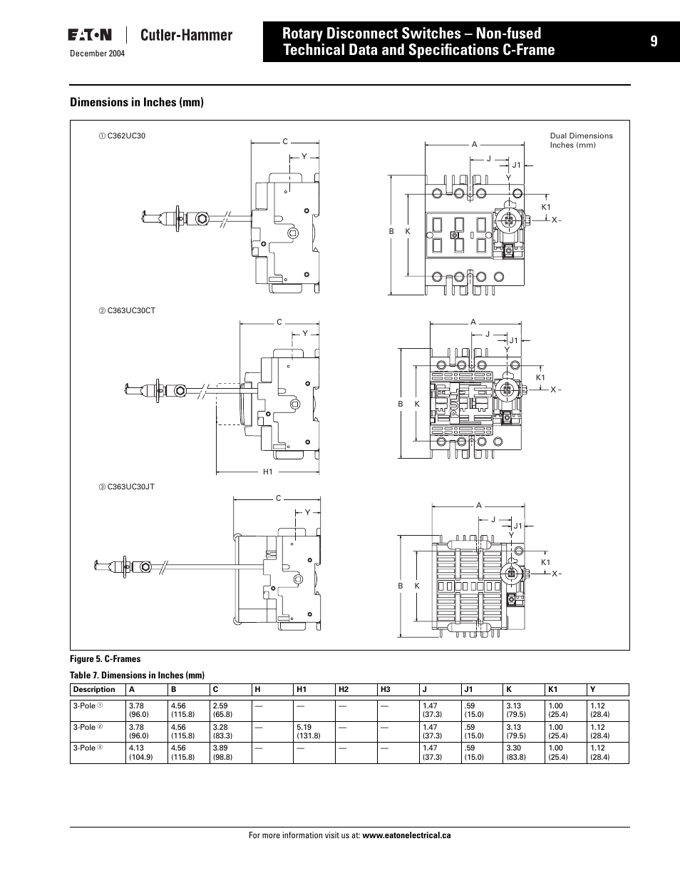 C- frame, C-frame, Technical data and specifications c-frame | Rotary disconnect switches – non-fused, Dimensions in inches (mm) | Eaton Electrical Disconnect Switches User Manual | Page 10 / 34