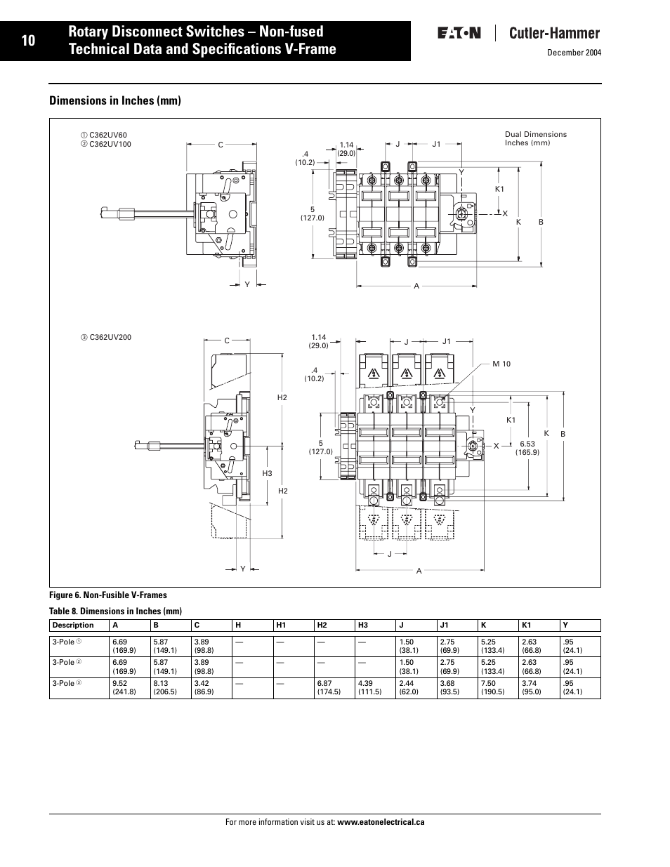 V- frame, V-frame, Technical data and specifications v-frame | Rotary disconnect switches – non-fused, Dimensions in inches (mm) | Eaton Electrical Disconnect Switches User Manual | Page 11 / 34