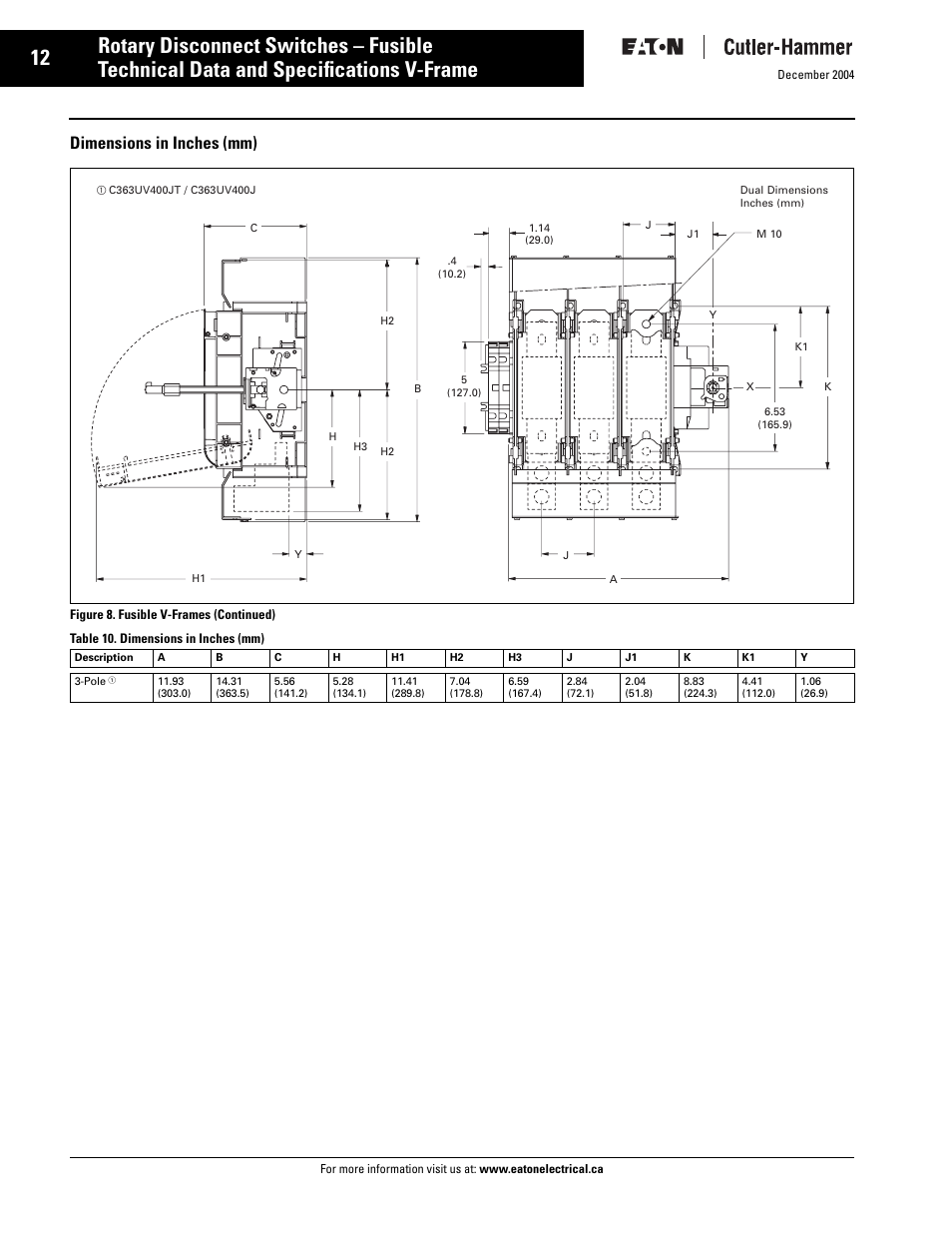 Technical data and specifications v-frame, Rotary disconnect switches – fusible, Dimensions in inches (mm) | Eaton Electrical Disconnect Switches User Manual | Page 13 / 34
