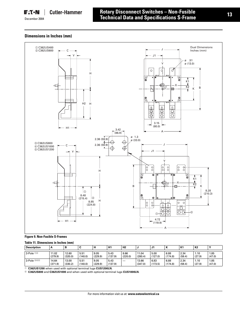 S- frame, S-frame, Technical data and specifications s-frame | Rotary disconnect switches – non-fusible, Dimensions in inches (mm) | Eaton Electrical Disconnect Switches User Manual | Page 14 / 34