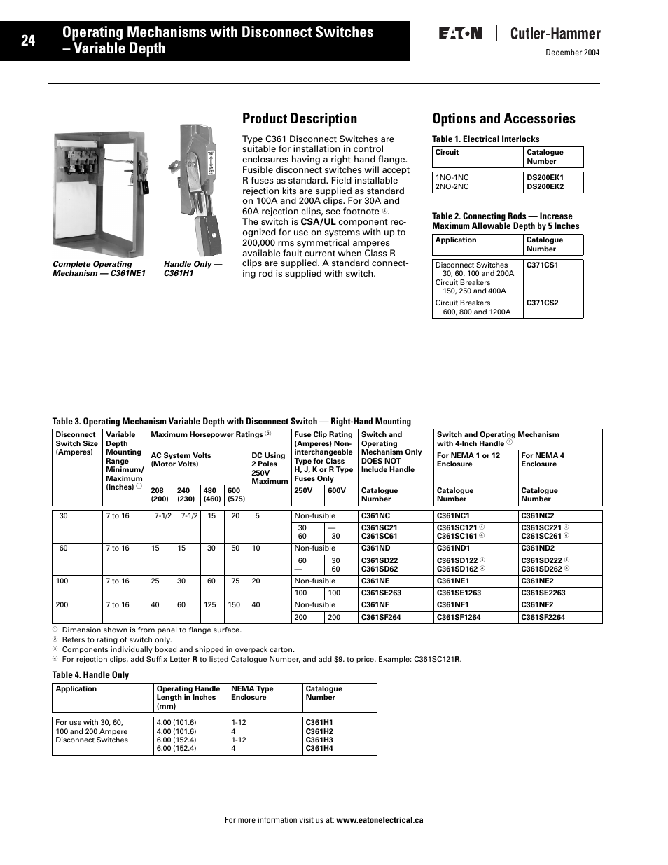 C361/c371 operating mechanisms, C361 variable depth disconnects, C361/c371 operating mechanisms - 29 | Product description, Options and accessories | Eaton Electrical Disconnect Switches User Manual | Page 25 / 34