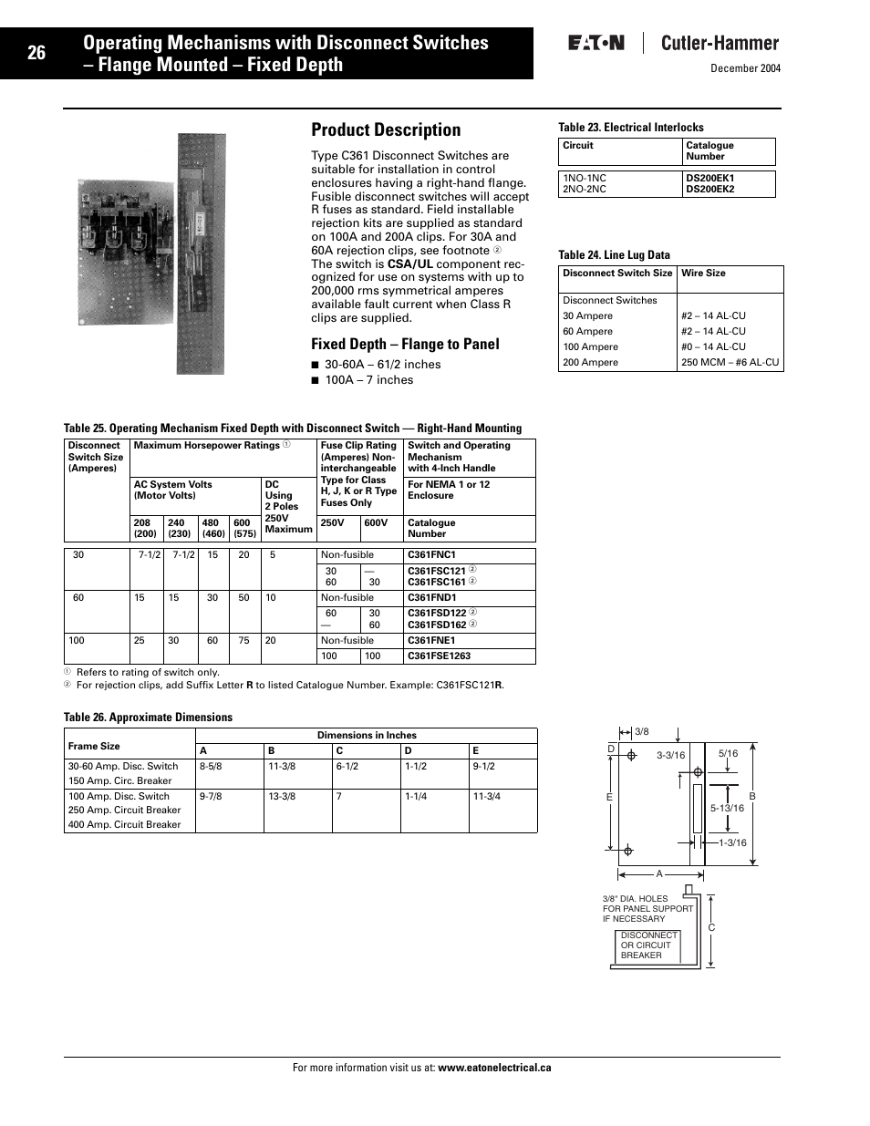 C361 fixed depth disconnects, Product description, Fixed depth – flange to panel | Eaton Electrical Disconnect Switches User Manual | Page 27 / 34