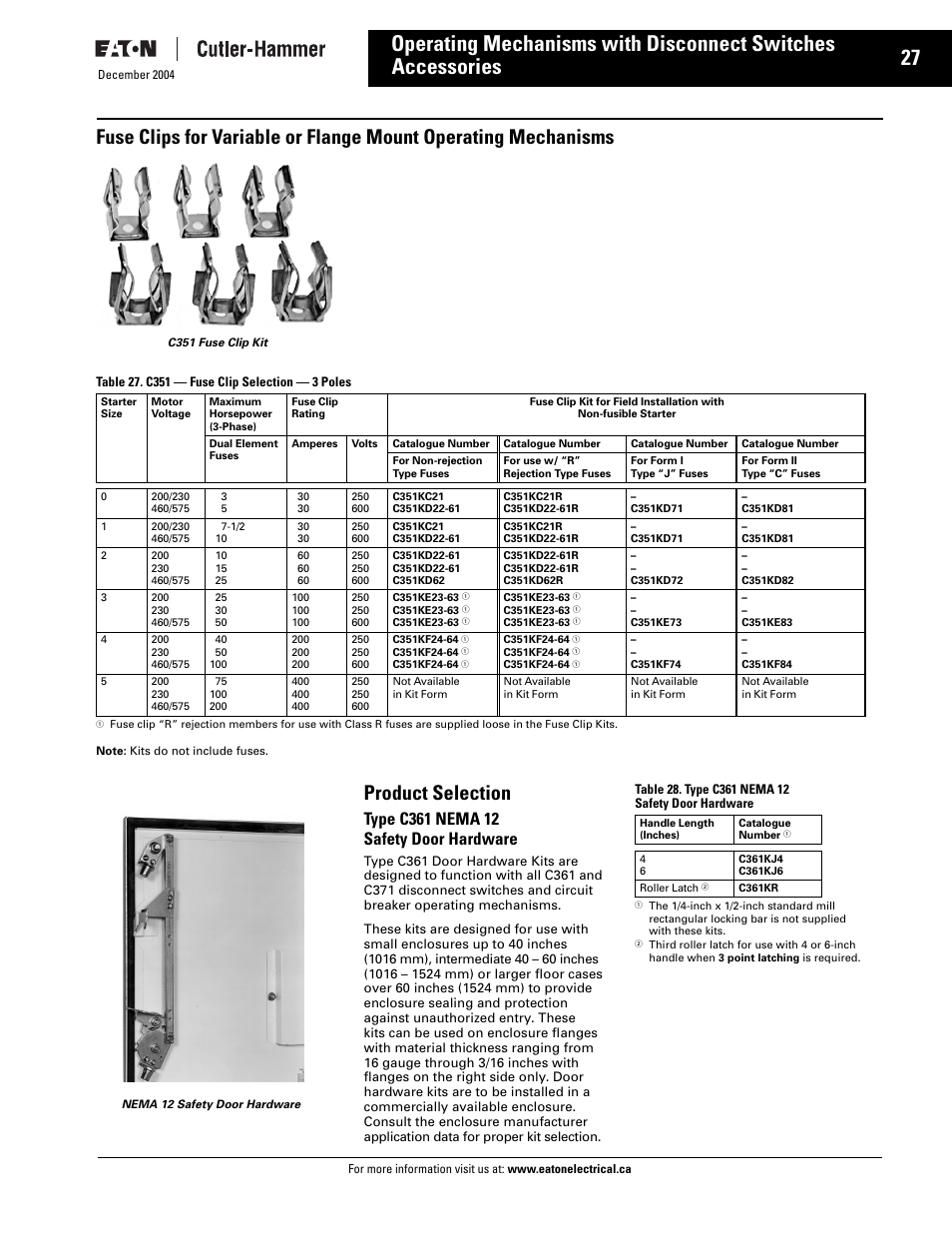 C361 accessories, Product selection | Eaton Electrical Disconnect Switches User Manual | Page 28 / 34