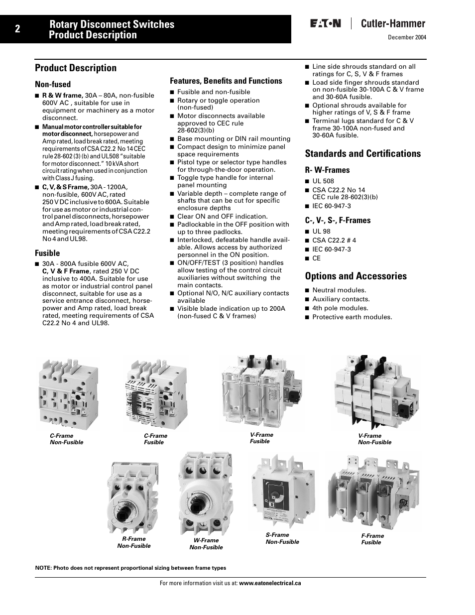 Rotary disconnect switches c362/c363, Product description, Features, benefits and functions | Standards and certifications, Options and accessories, Product description rotary disconnect switches, Non-fused, Fusible, R- w-frames, C-, v-, s-, f-frames | Eaton Electrical Disconnect Switches User Manual | Page 3 / 34