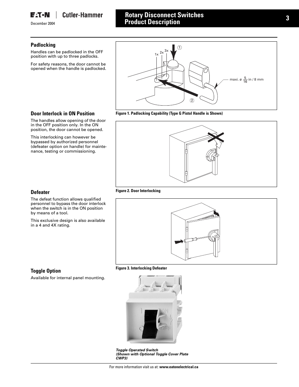 Product description, Rotary disconnect switches, Padlocking | Door interlock in on position, Defeater, Toggle option | Eaton Electrical Disconnect Switches User Manual | Page 4 / 34