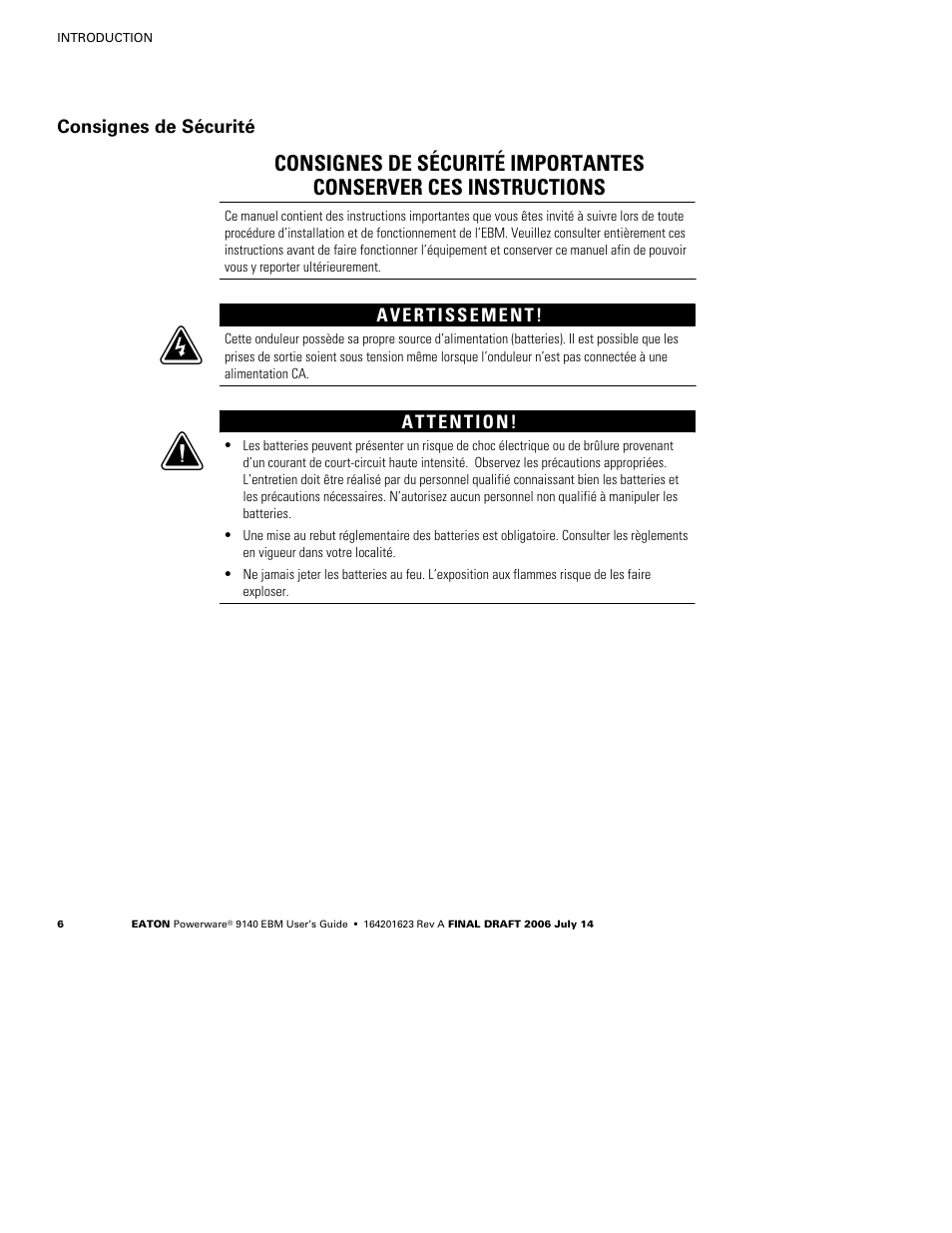 Consignes de sécurité | Eaton Electrical Extended Battery Module (EBM) 9140 User Manual | Page 12 / 44