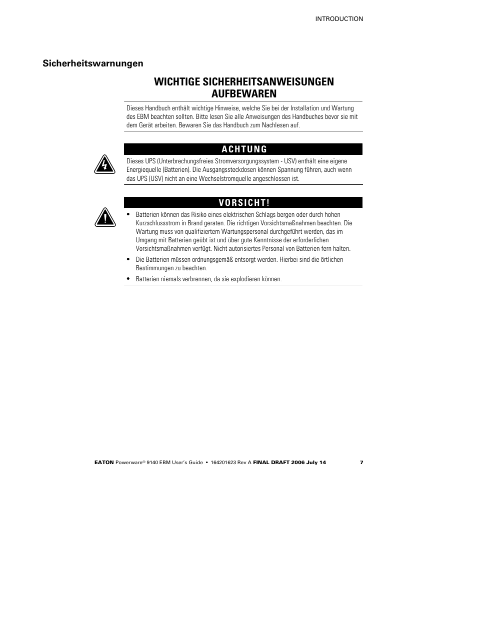 Wichtige sicherheitsanweisungen aufbewaren, Sicherheitswarnungen | Eaton Electrical Extended Battery Module (EBM) 9140 User Manual | Page 13 / 44