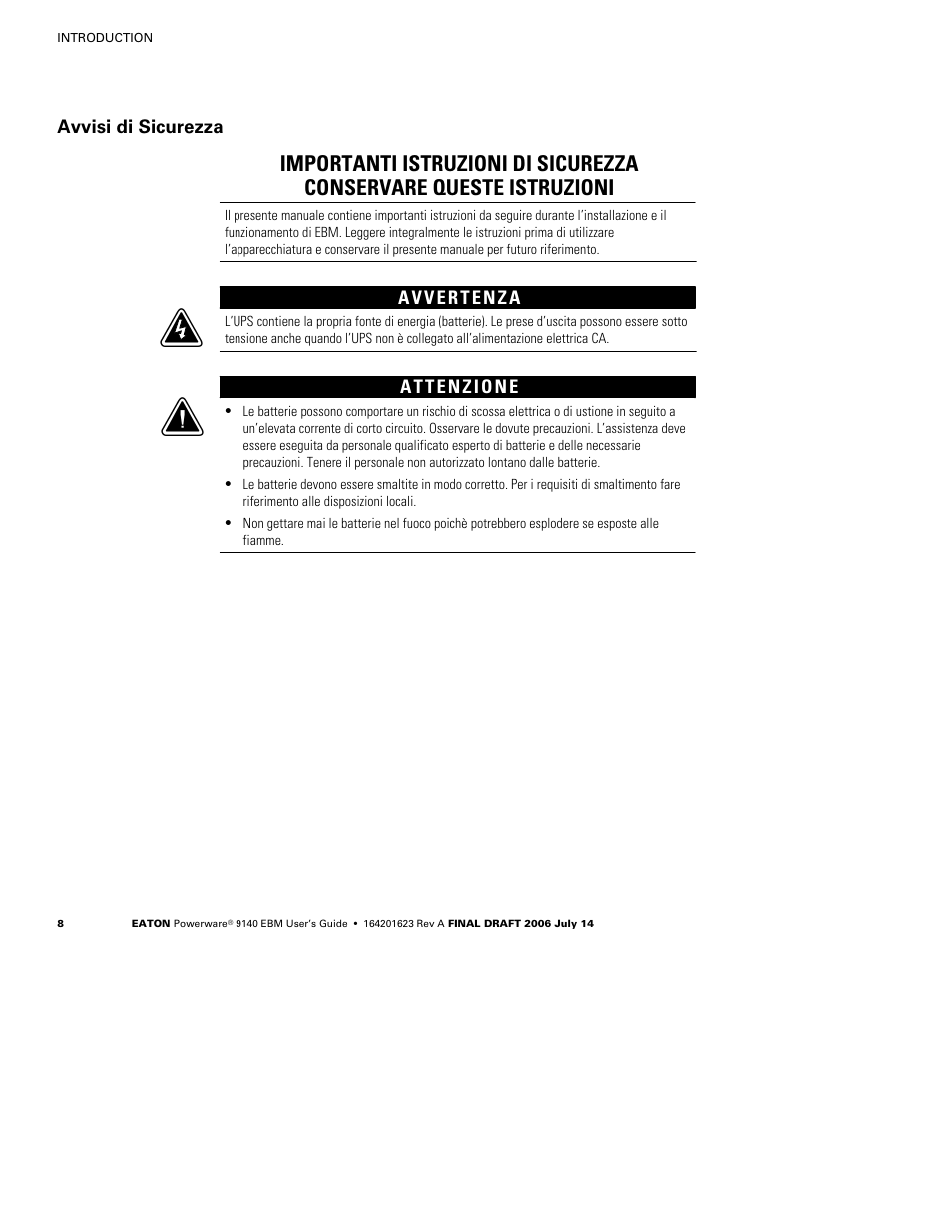 Avvisi di sicurezza | Eaton Electrical Extended Battery Module (EBM) 9140 User Manual | Page 14 / 44