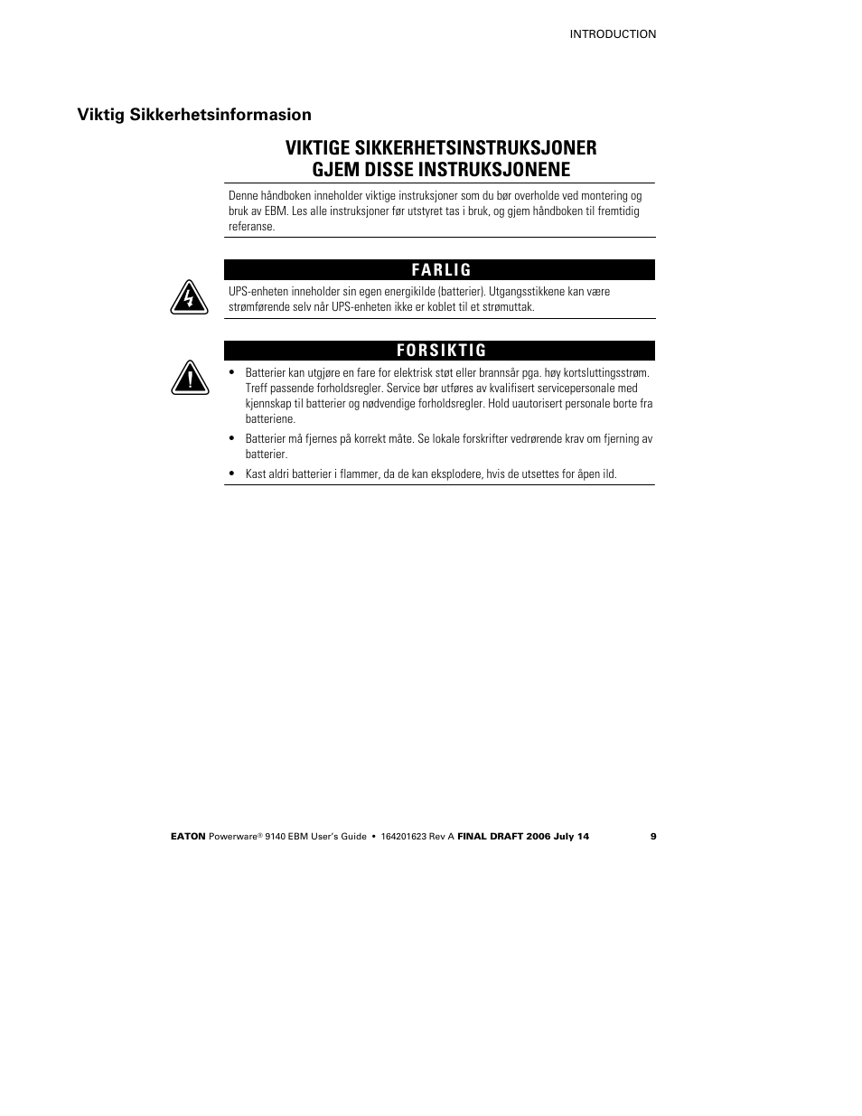 Viktig sikkerhetsinformasion | Eaton Electrical Extended Battery Module (EBM) 9140 User Manual | Page 15 / 44