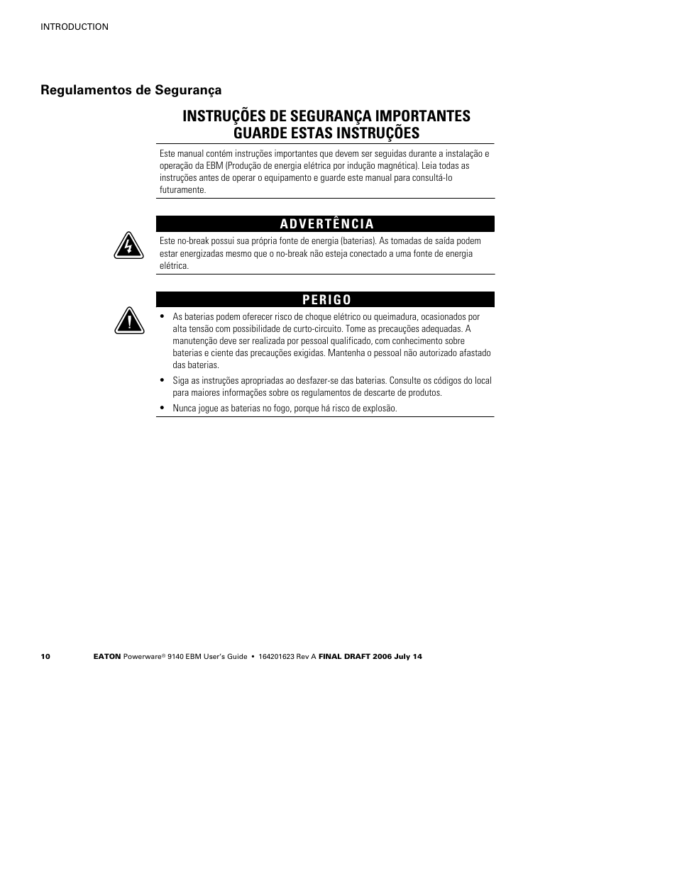 Regulamentos de segurança | Eaton Electrical Extended Battery Module (EBM) 9140 User Manual | Page 16 / 44