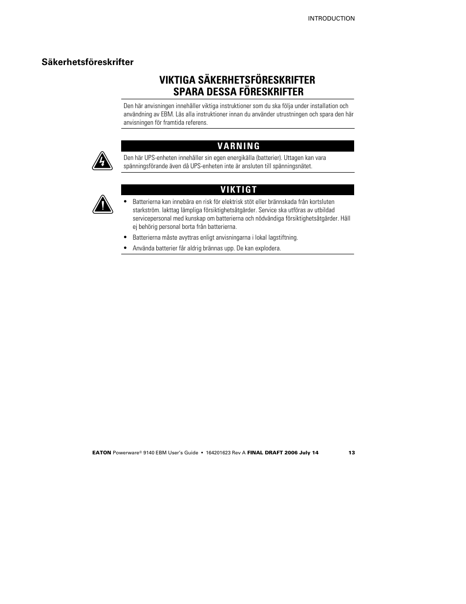 Säkerhetsföreskrifter | Eaton Electrical Extended Battery Module (EBM) 9140 User Manual | Page 19 / 44