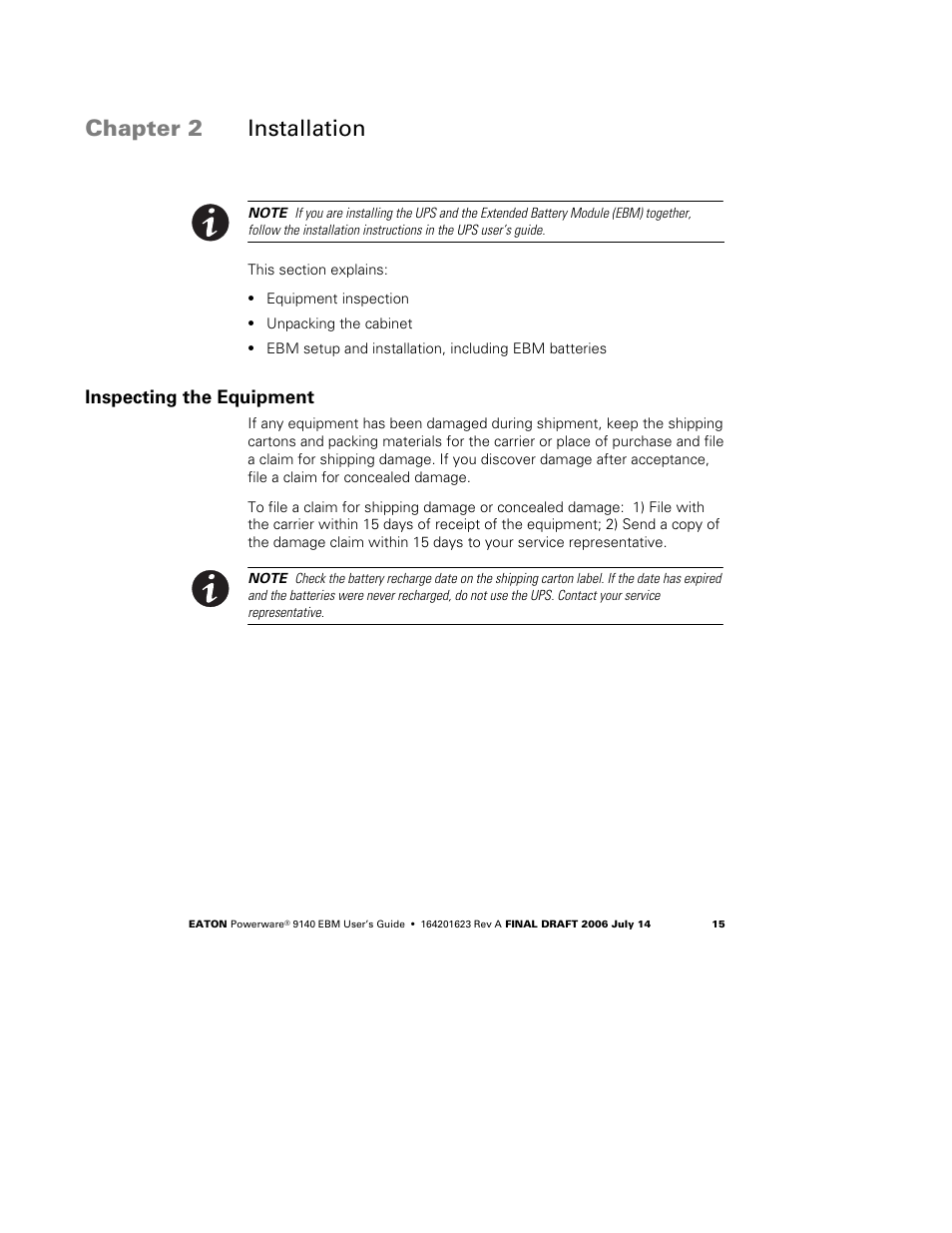 Chapter 2 installation, Inspecting the equipment | Eaton Electrical Extended Battery Module (EBM) 9140 User Manual | Page 21 / 44