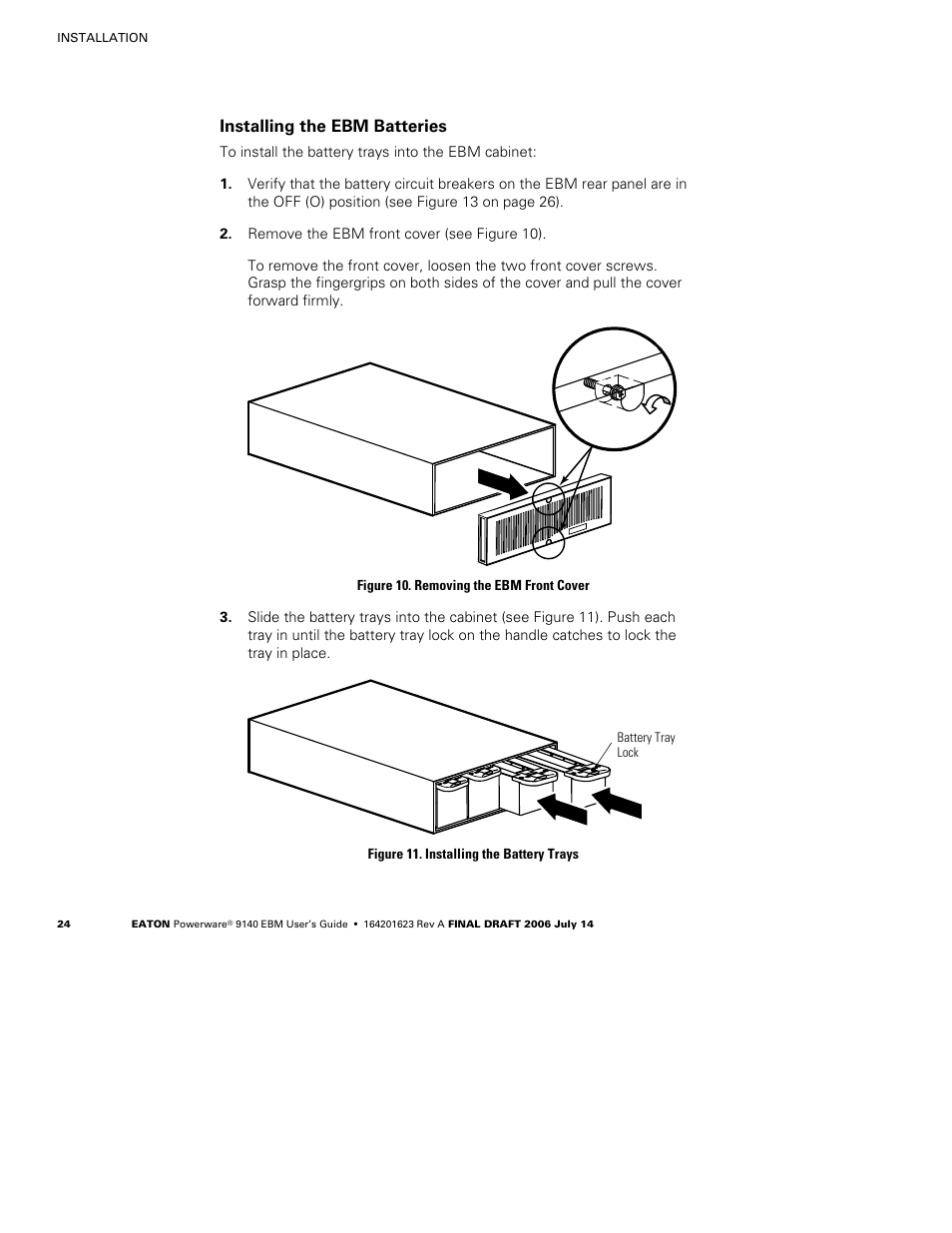 Installing the ebm batteries | Eaton Electrical Extended Battery Module (EBM) 9140 User Manual | Page 30 / 44