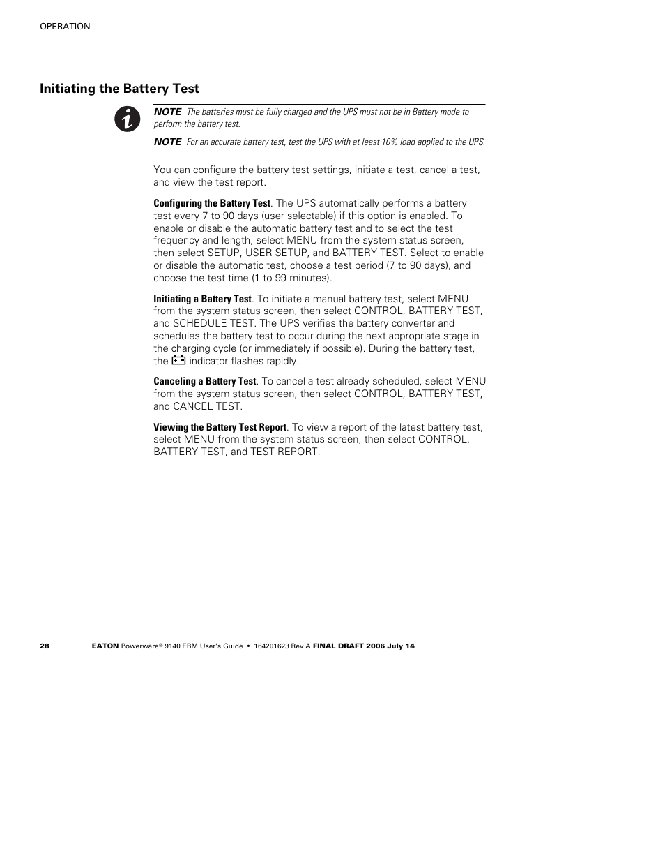 Initiating the battery test | Eaton Electrical Extended Battery Module (EBM) 9140 User Manual | Page 34 / 44