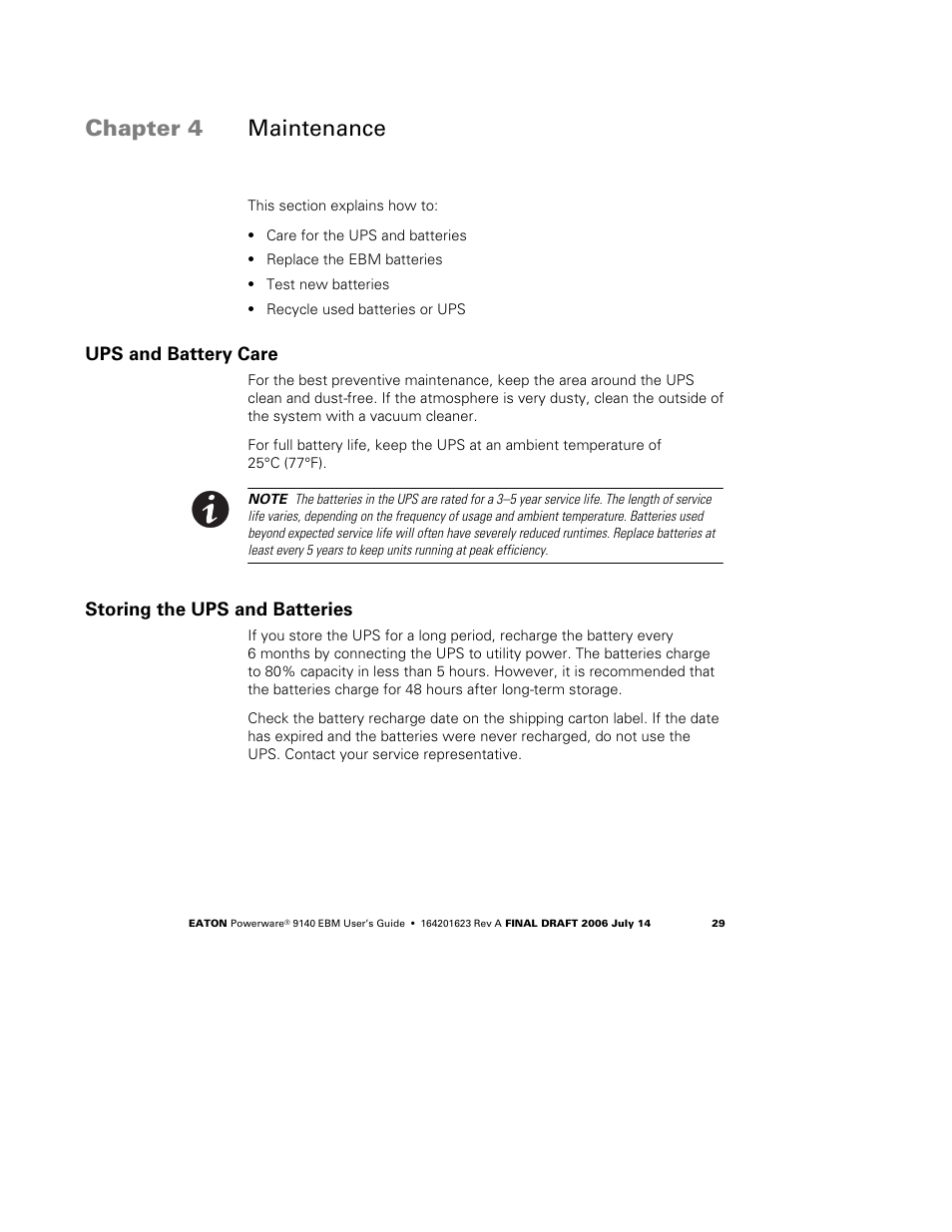 Chapter 4 maintenance, Ups and battery care, Storing the ups and batteries | Eaton Electrical Extended Battery Module (EBM) 9140 User Manual | Page 35 / 44