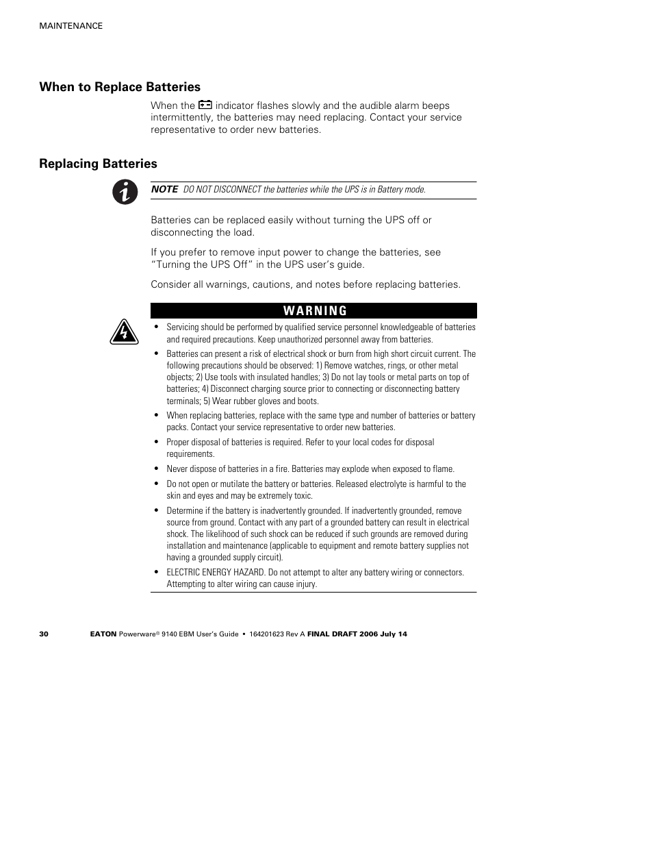 When to replace batteries, Replacing batteries | Eaton Electrical Extended Battery Module (EBM) 9140 User Manual | Page 36 / 44
