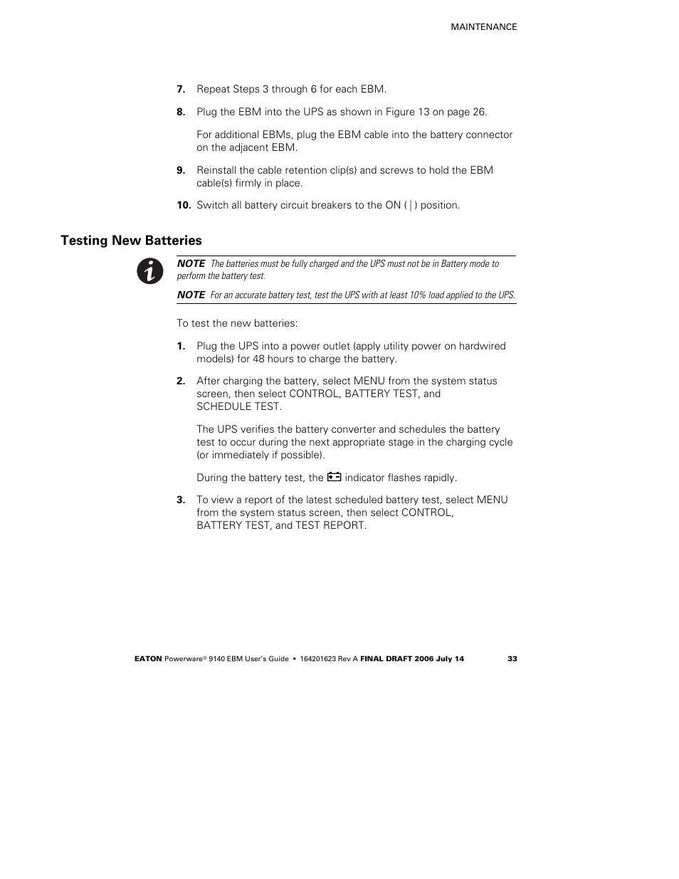 Testing new batteries | Eaton Electrical Extended Battery Module (EBM) 9140 User Manual | Page 39 / 44