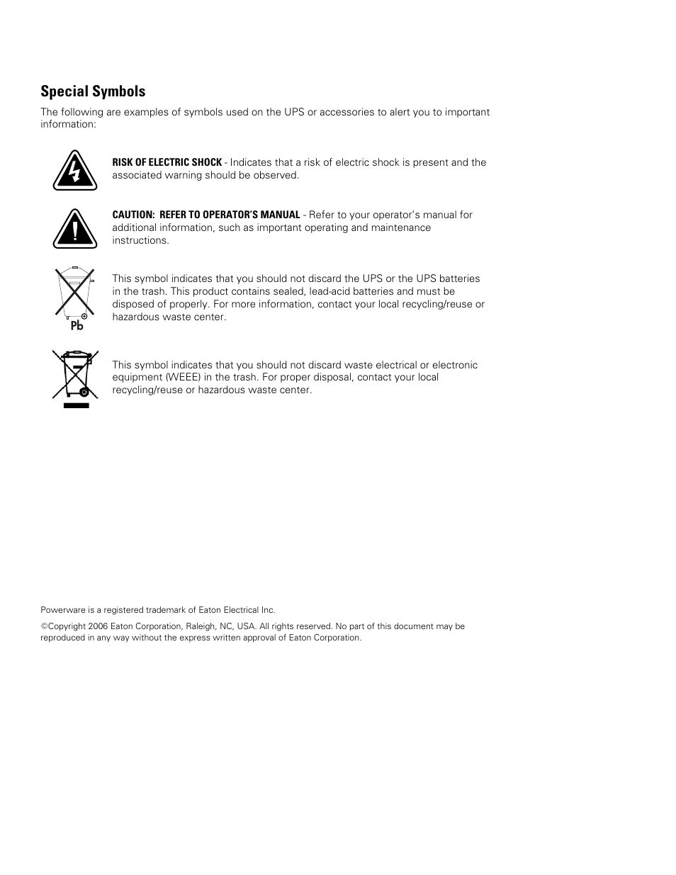 Special symbols | Eaton Electrical Extended Battery Module (EBM) 9140 User Manual | Page 4 / 44