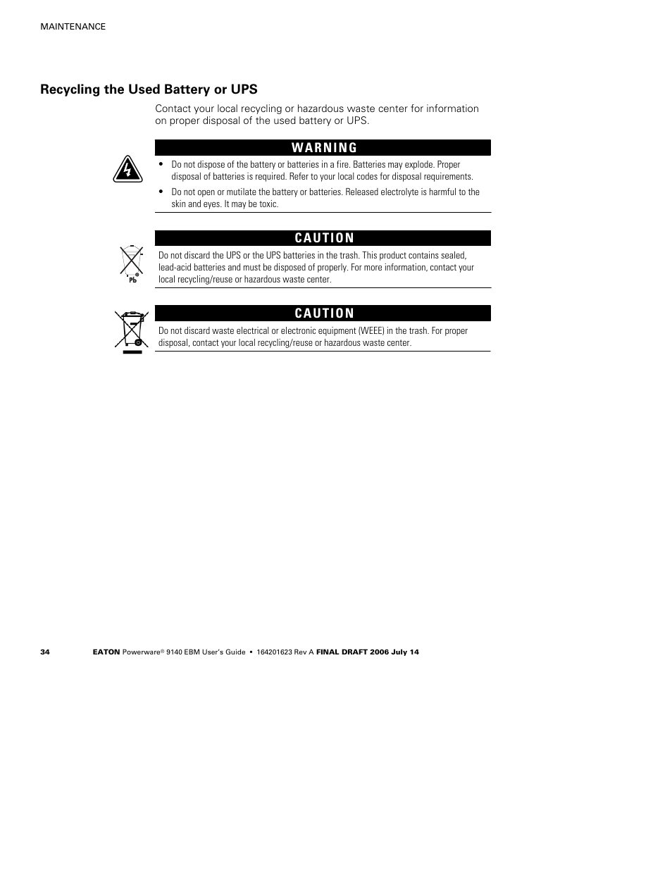 Recycling the used battery or ups | Eaton Electrical Extended Battery Module (EBM) 9140 User Manual | Page 40 / 44