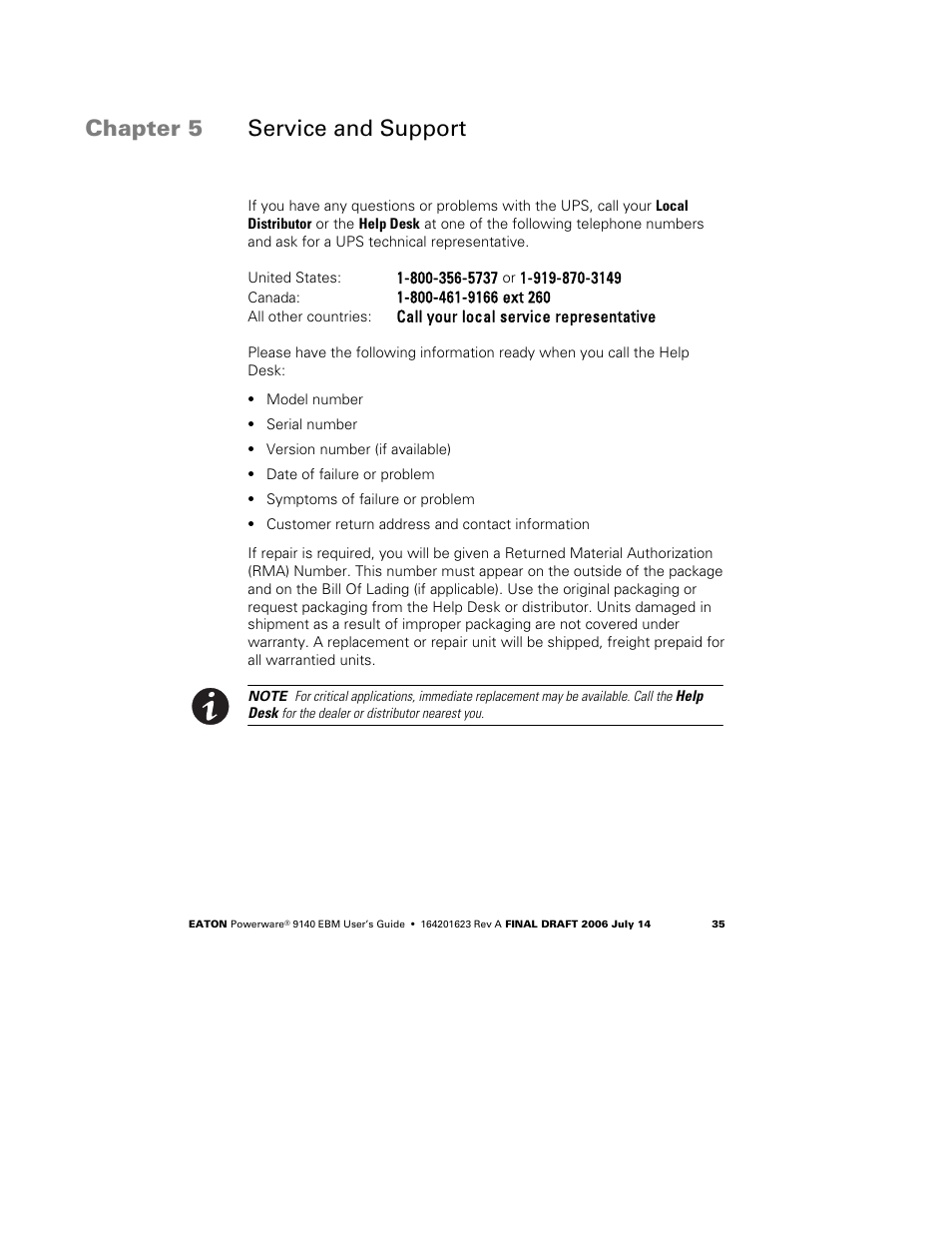 Chapter 5 service and support | Eaton Electrical Extended Battery Module (EBM) 9140 User Manual | Page 41 / 44