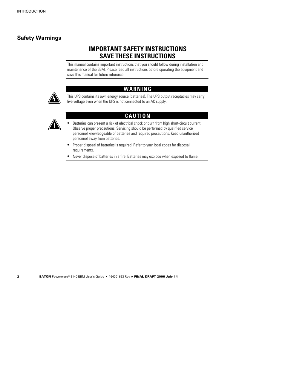 Safety warnings | Eaton Electrical Extended Battery Module (EBM) 9140 User Manual | Page 8 / 44