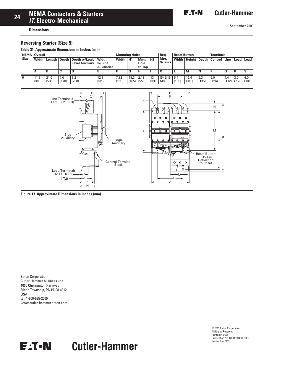 Reversing starter (size 5), Dimensions | Eaton Electrical Cutler-Hammer CA03310002E User Manual | Page 24 / 24