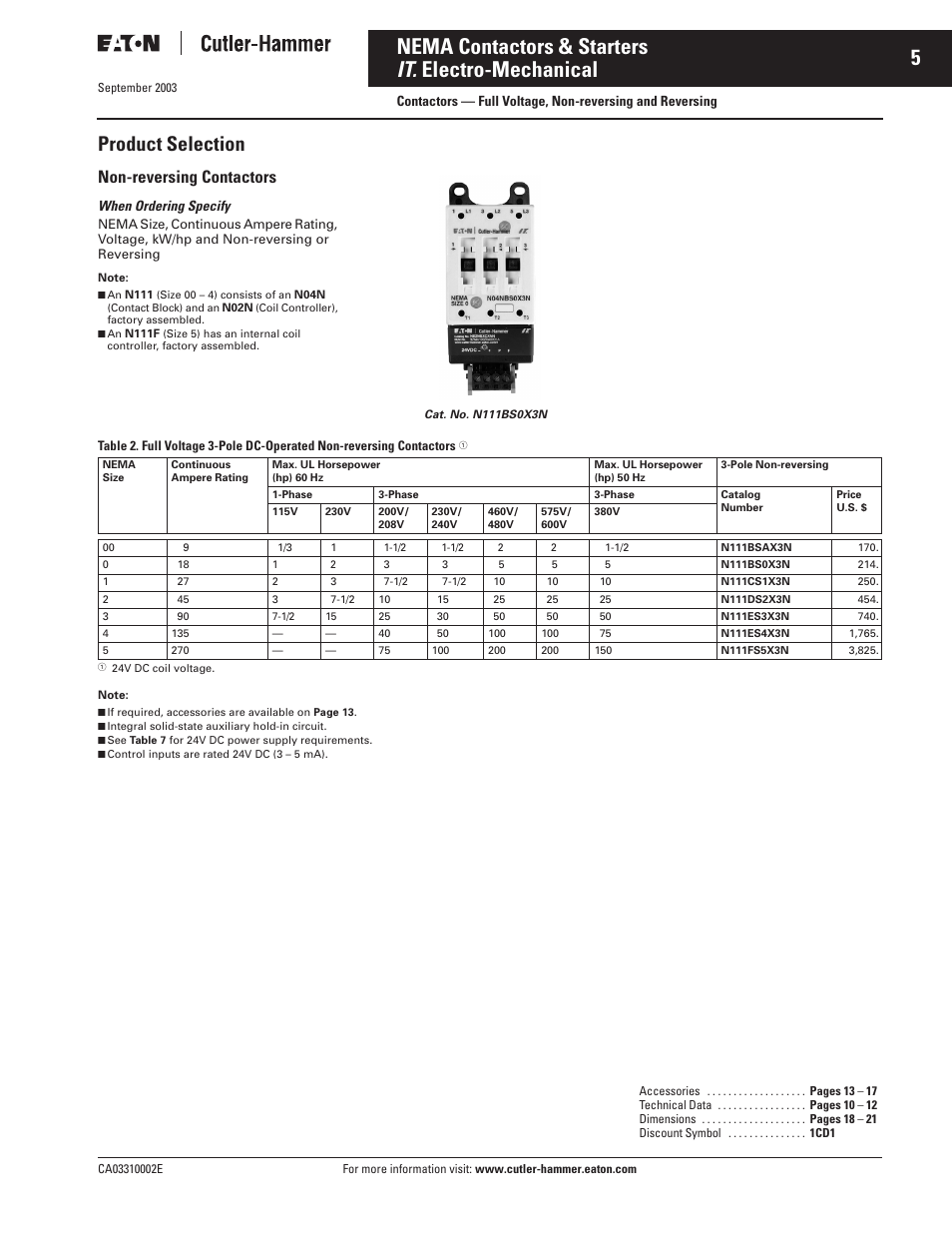 5nema contactors & starters it. electro-mechanical, Product selection, Non-reversing contactors | When ordering specify | Eaton Electrical Cutler-Hammer CA03310002E User Manual | Page 5 / 24