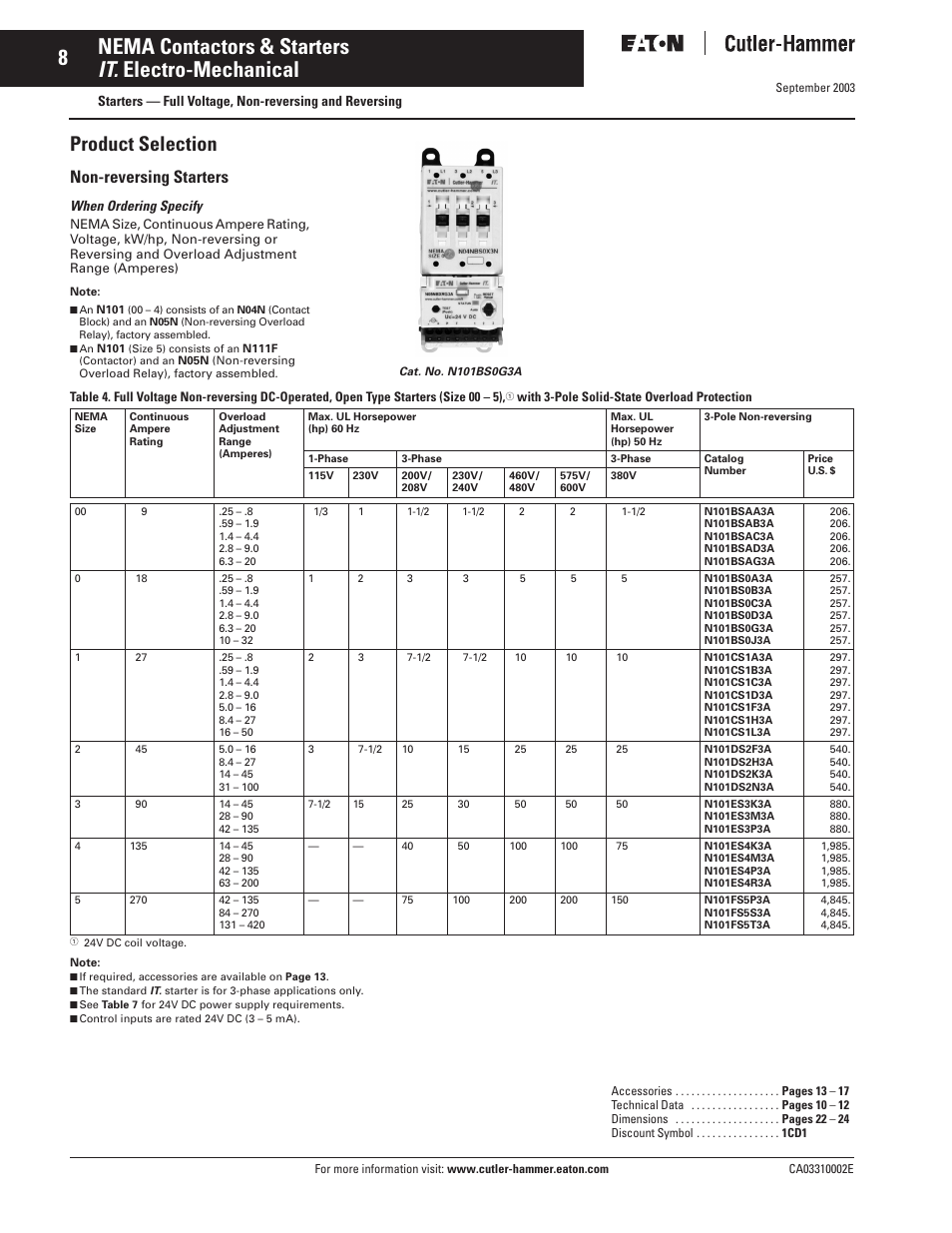 Nema contactors & starters it. electro-mechanical, Product selection, Non-reversing starters | When ordering specify | Eaton Electrical Cutler-Hammer CA03310002E User Manual | Page 8 / 24