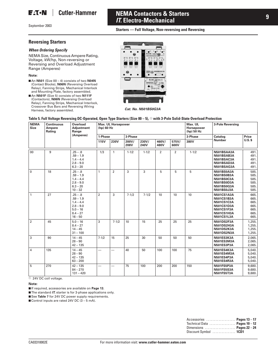 9nema contactors & starters it. electro-mechanical, Reversing starters, When ordering specify | Eaton Electrical Cutler-Hammer CA03310002E User Manual | Page 9 / 24