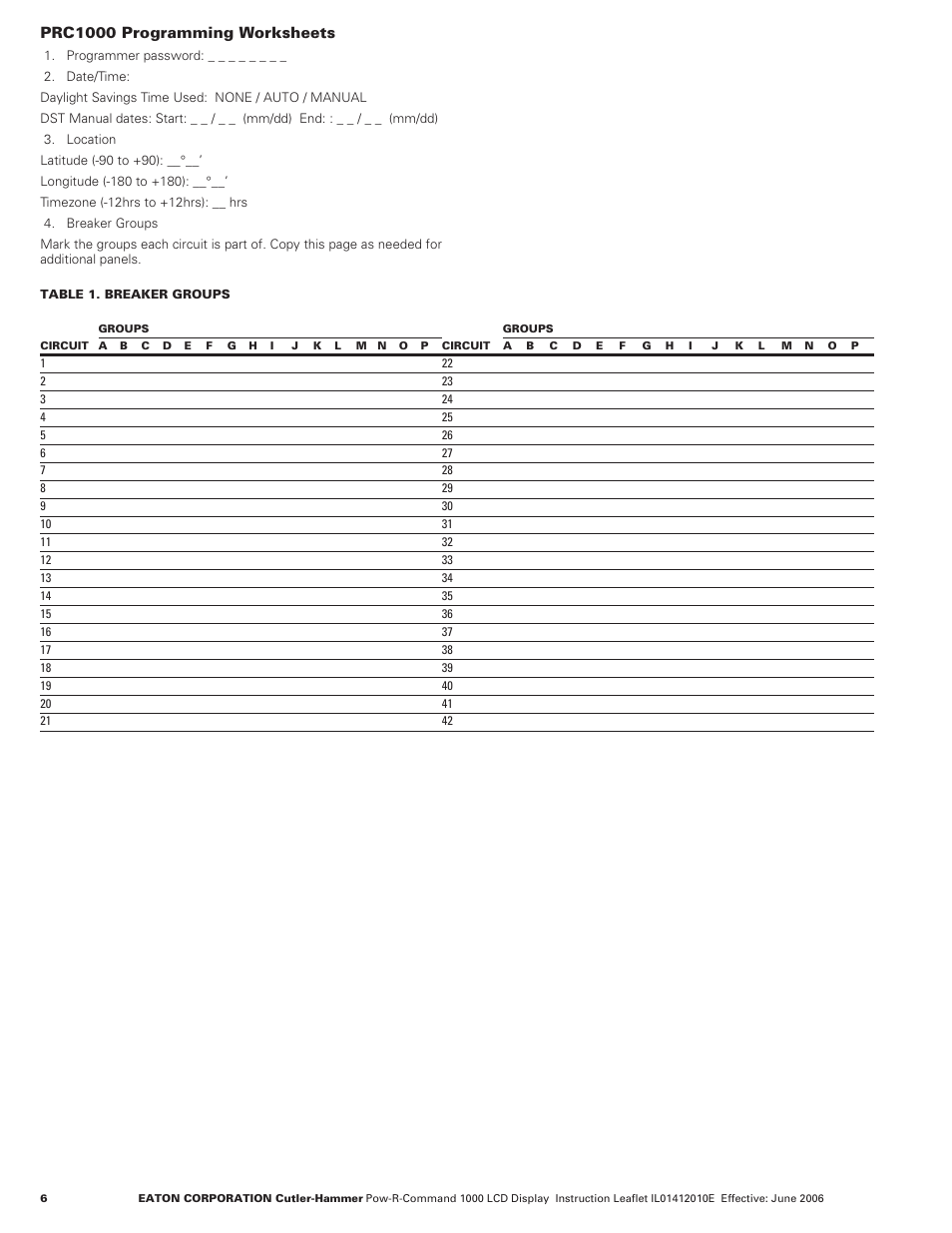 Prc1000 programming worksheets | Eaton Electrical POW-R-COMMAND 1000 User Manual | Page 6 / 8