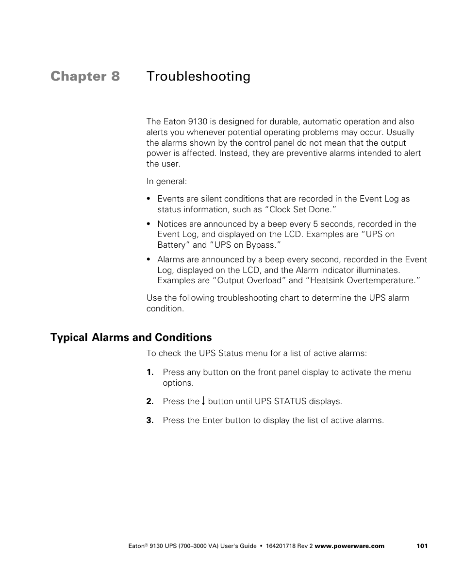 Chapter 8 troubleshooting, Typical alarms and conditions, Troubleshooting | Eaton Electrical Powerware 9130 User Manual | Page 109 / 120