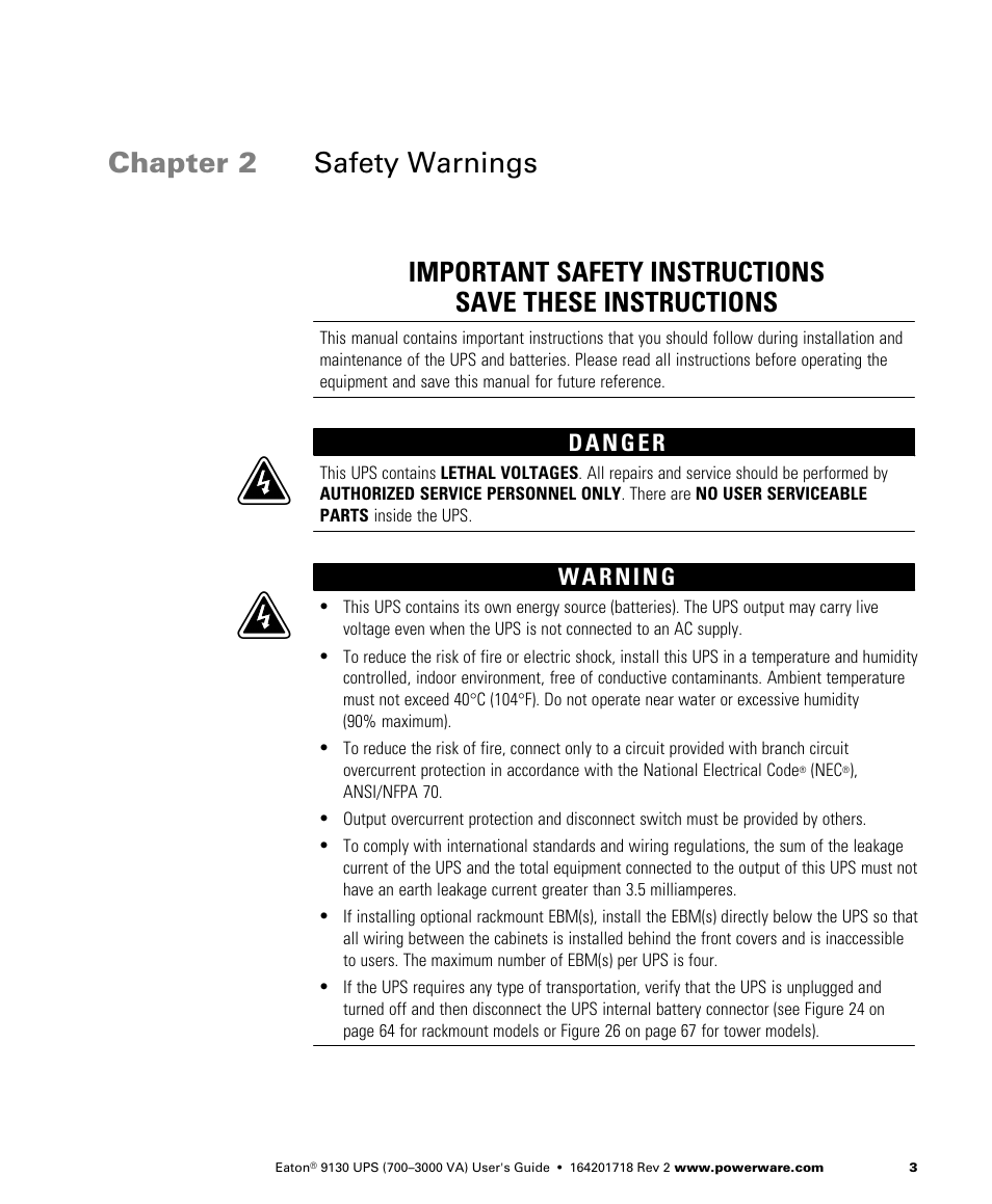 Chapter 2 safety warnings, Safety warnings | Eaton Electrical Powerware 9130 User Manual | Page 11 / 120