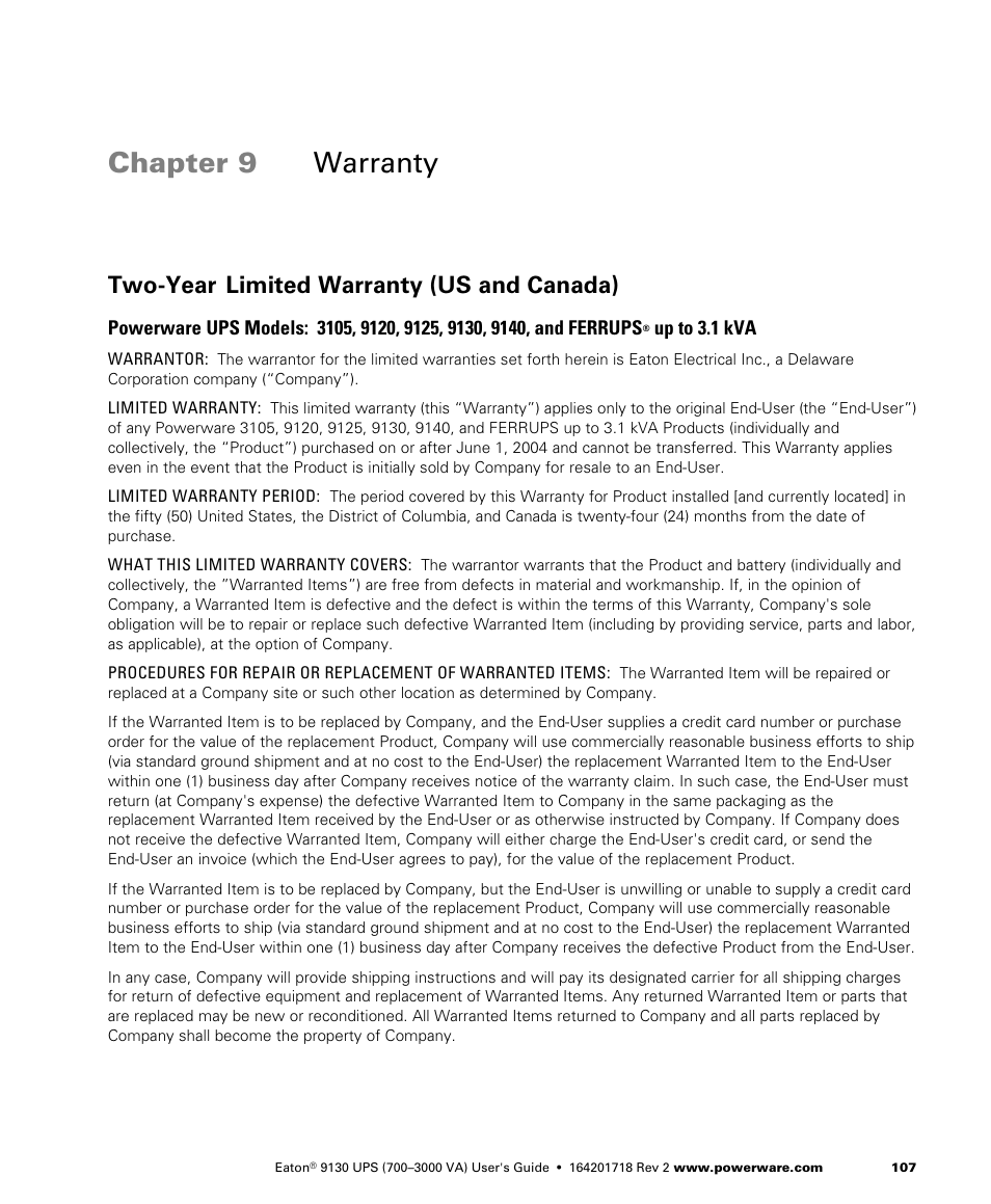 Chapter 9 warranty, Two-year limited warranty (us and canada) | Eaton Electrical Powerware 9130 User Manual | Page 115 / 120