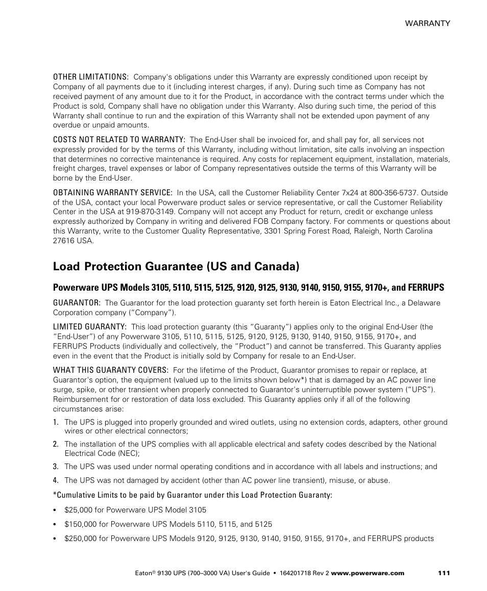 Load protection guarantee (us and canada) | Eaton Electrical Powerware 9130 User Manual | Page 119 / 120