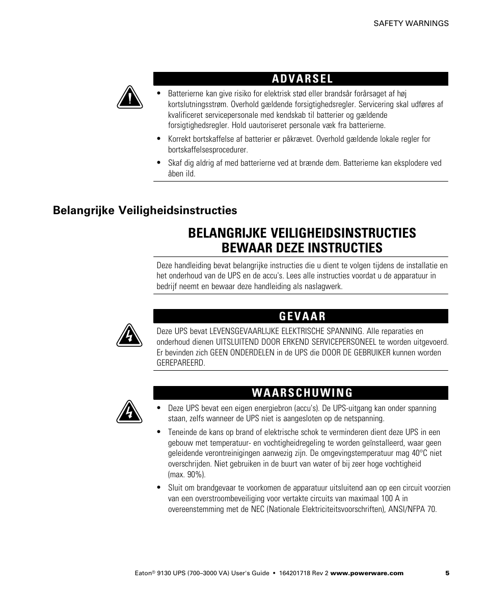 Belangrijke veiligheidsinstructies | Eaton Electrical Powerware 9130 User Manual | Page 13 / 120