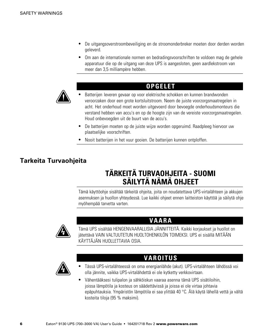 Tarkeita turvaohjeita, Tärkeitä turvaohjeita - suomi säilytä nämä ohjeet | Eaton Electrical Powerware 9130 User Manual | Page 14 / 120