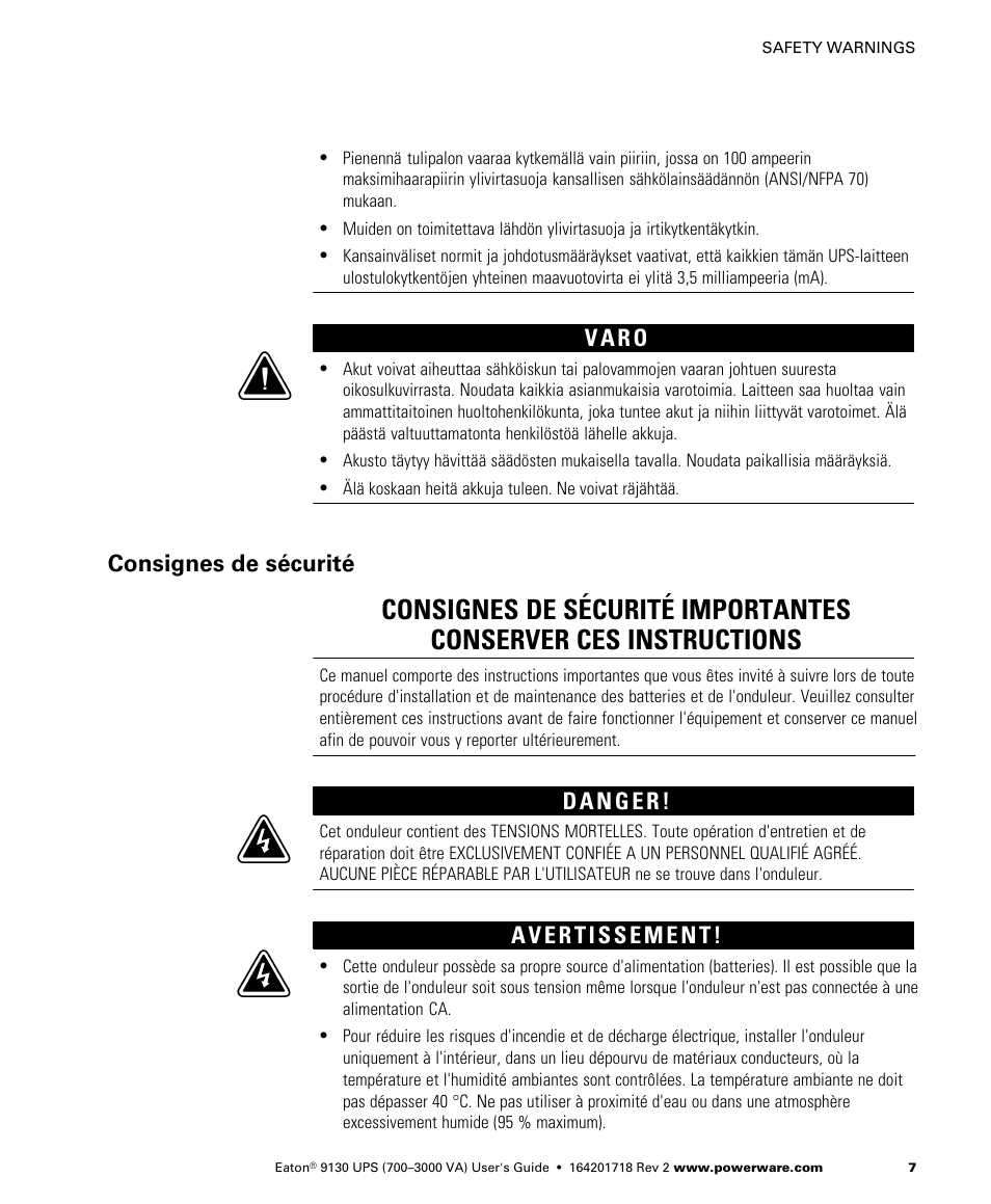 Consignes de sécurité | Eaton Electrical Powerware 9130 User Manual | Page 15 / 120