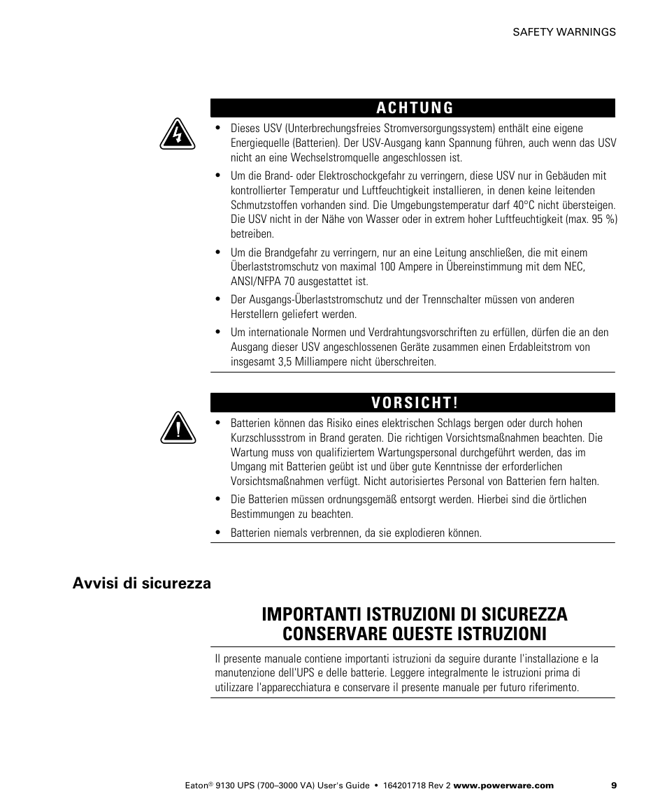 Avvisi di sicurezza | Eaton Electrical Powerware 9130 User Manual | Page 17 / 120