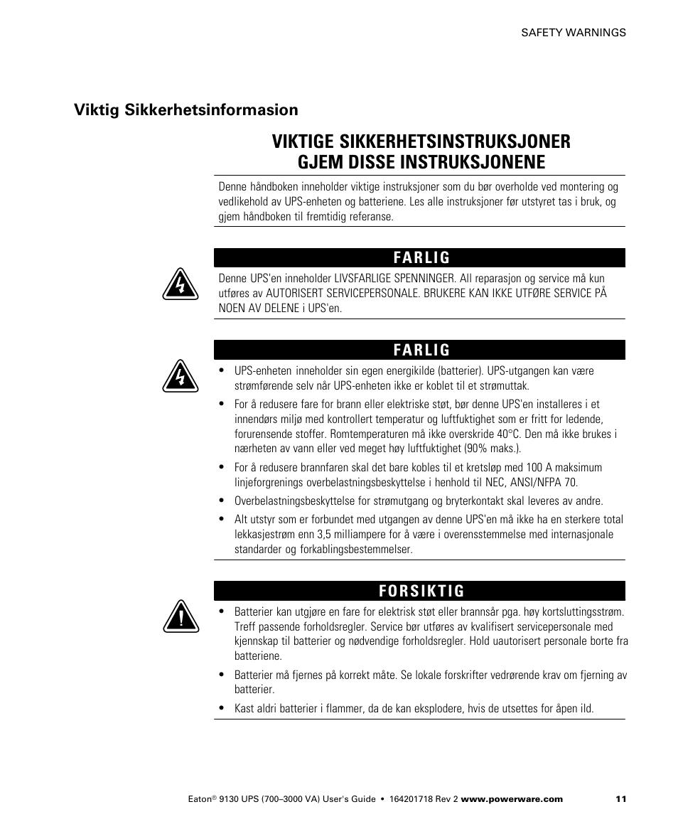 Viktig sikkerhetsinformasion | Eaton Electrical Powerware 9130 User Manual | Page 19 / 120